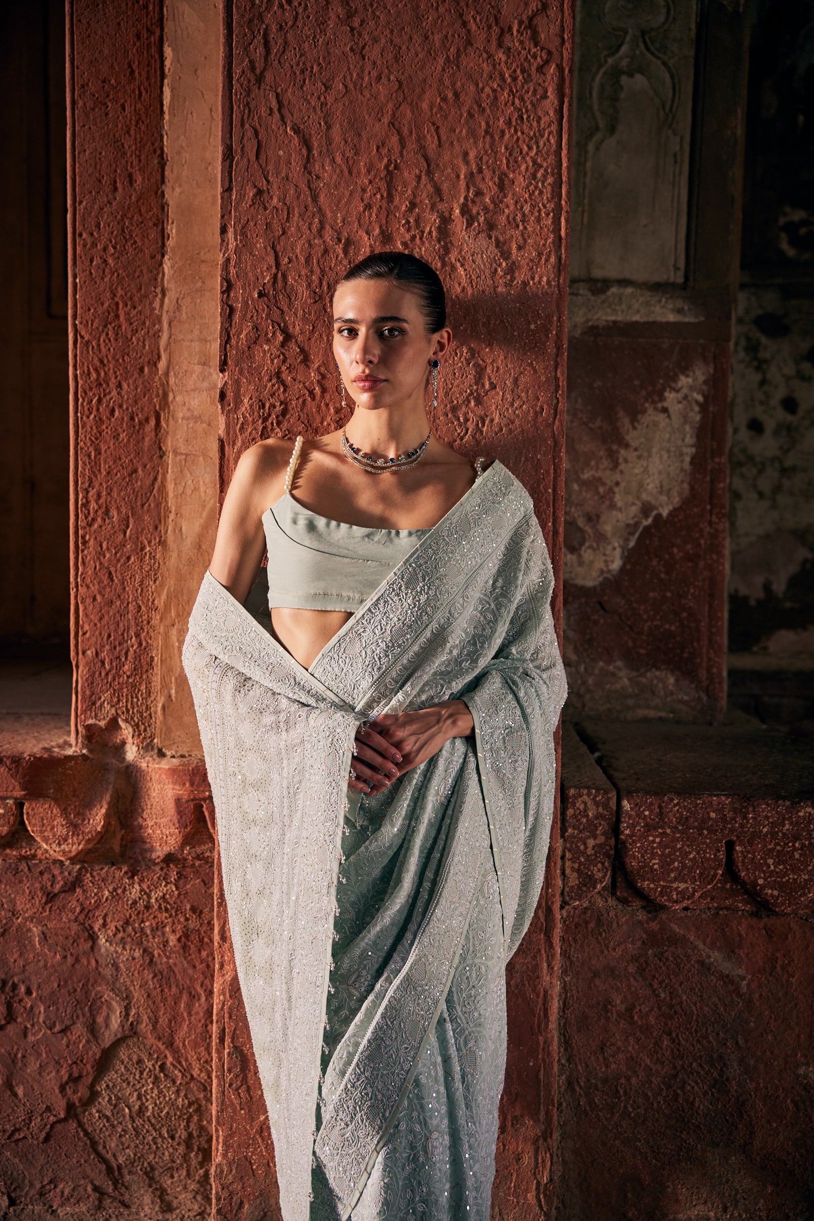 Aira Saree - Aqua Blue Chikankari & Jaal Saree