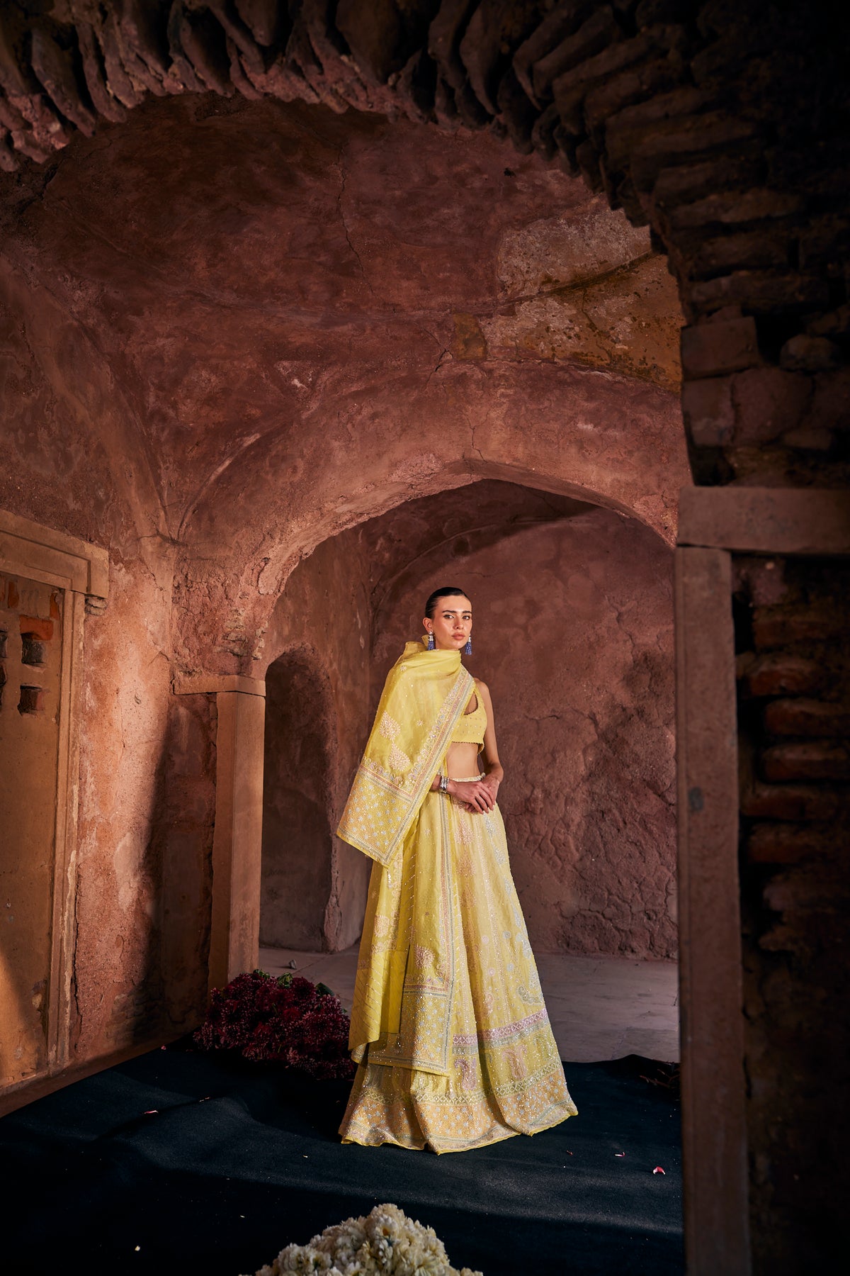 Tara Lehenga Set - Yellow Organza Multi-Sequins & Cutdana Chikankari Lehenga Set