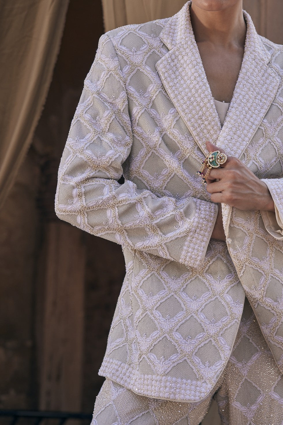 Kaya Blazer Set - Ivory Georgette Signature Awadhi Jali Blazer Set