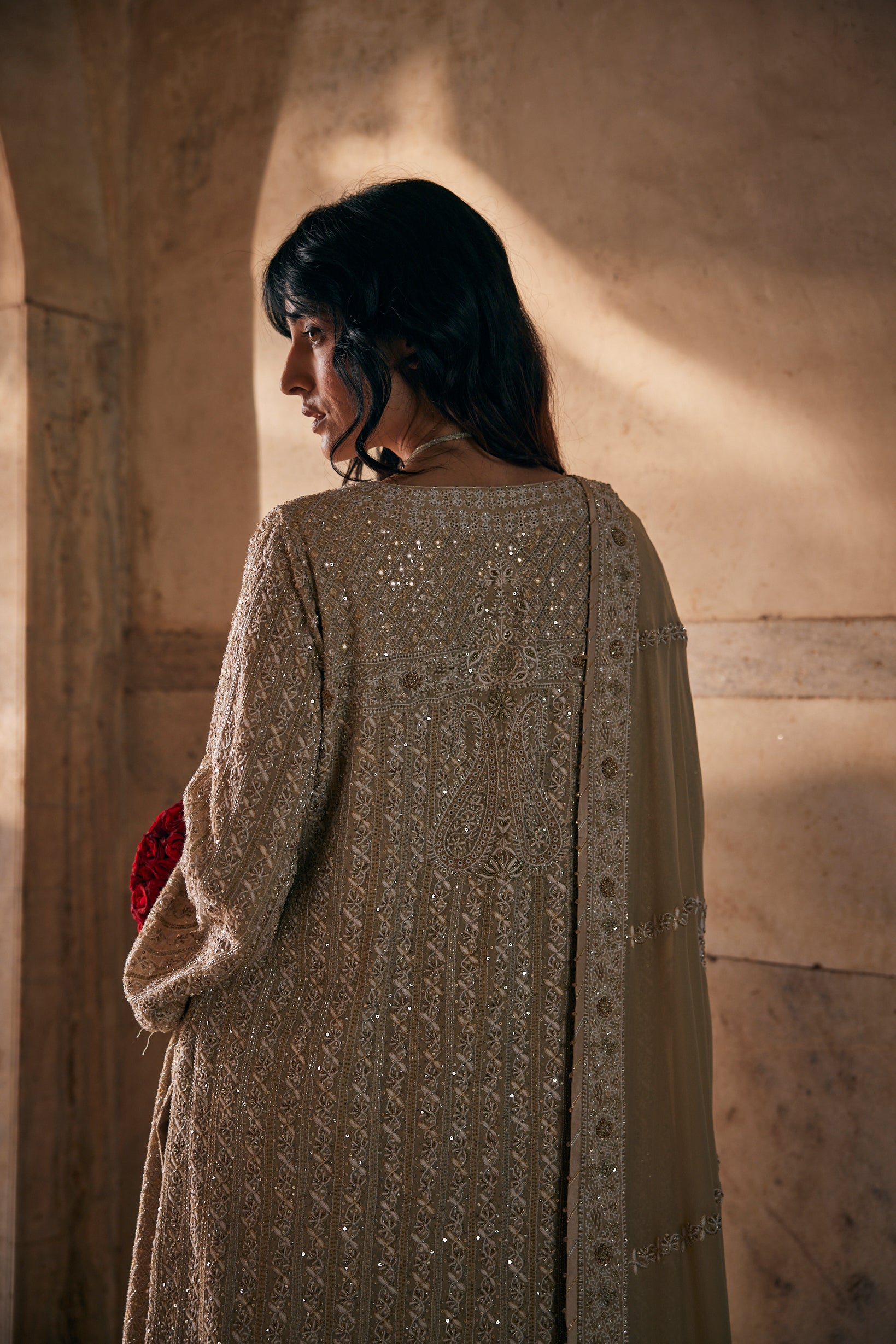 Kalki Sharara Set -  Beige Georgette Paisley Sharara Set