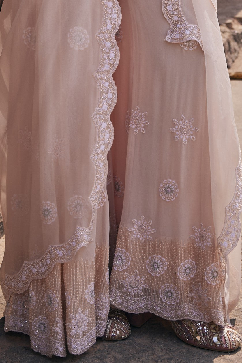 Haya Sharara Set - Peach Floral Chikankari Sharara Set