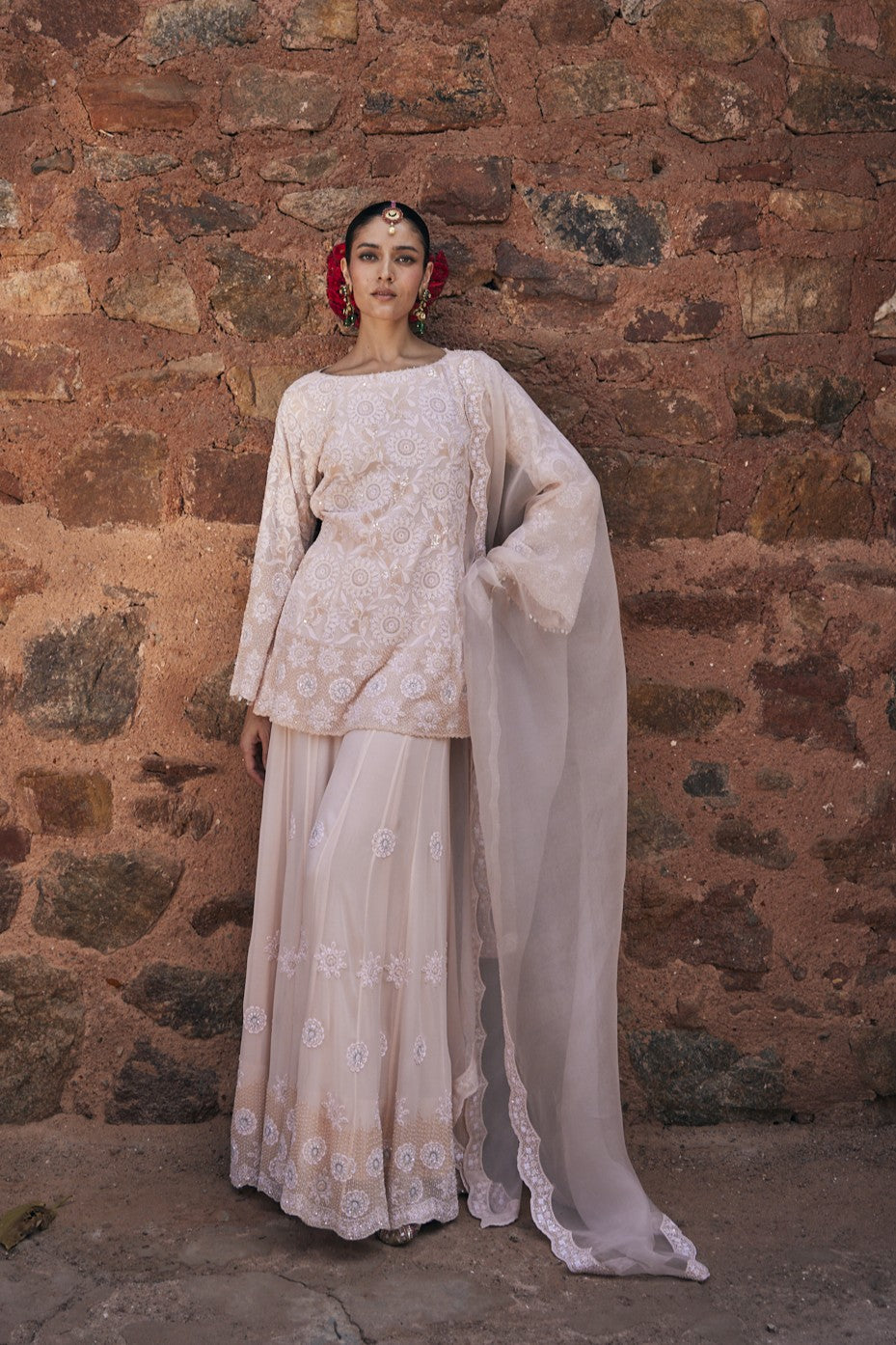 Haya Sharara Set - Peach Floral Chikankari Sharara Set