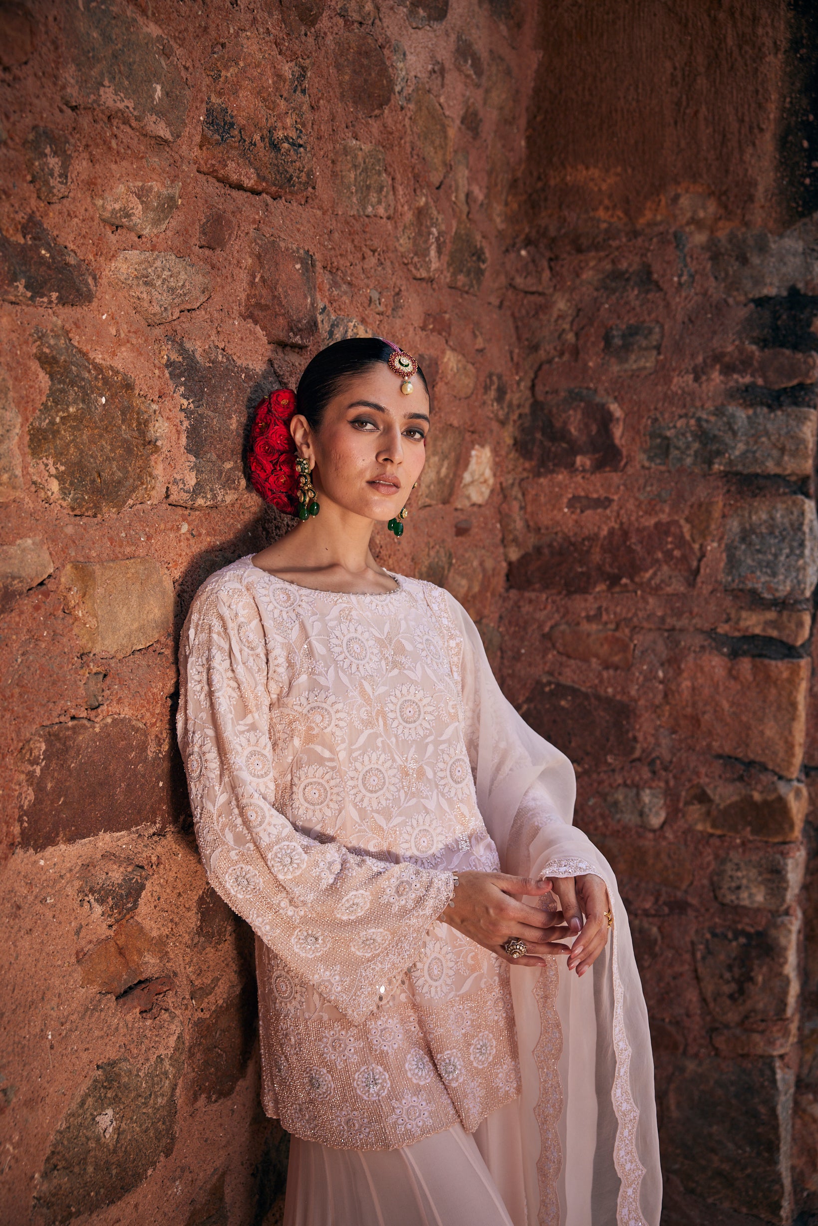 Haya Sharara Set - Peach Floral Chikankari Sharara Set