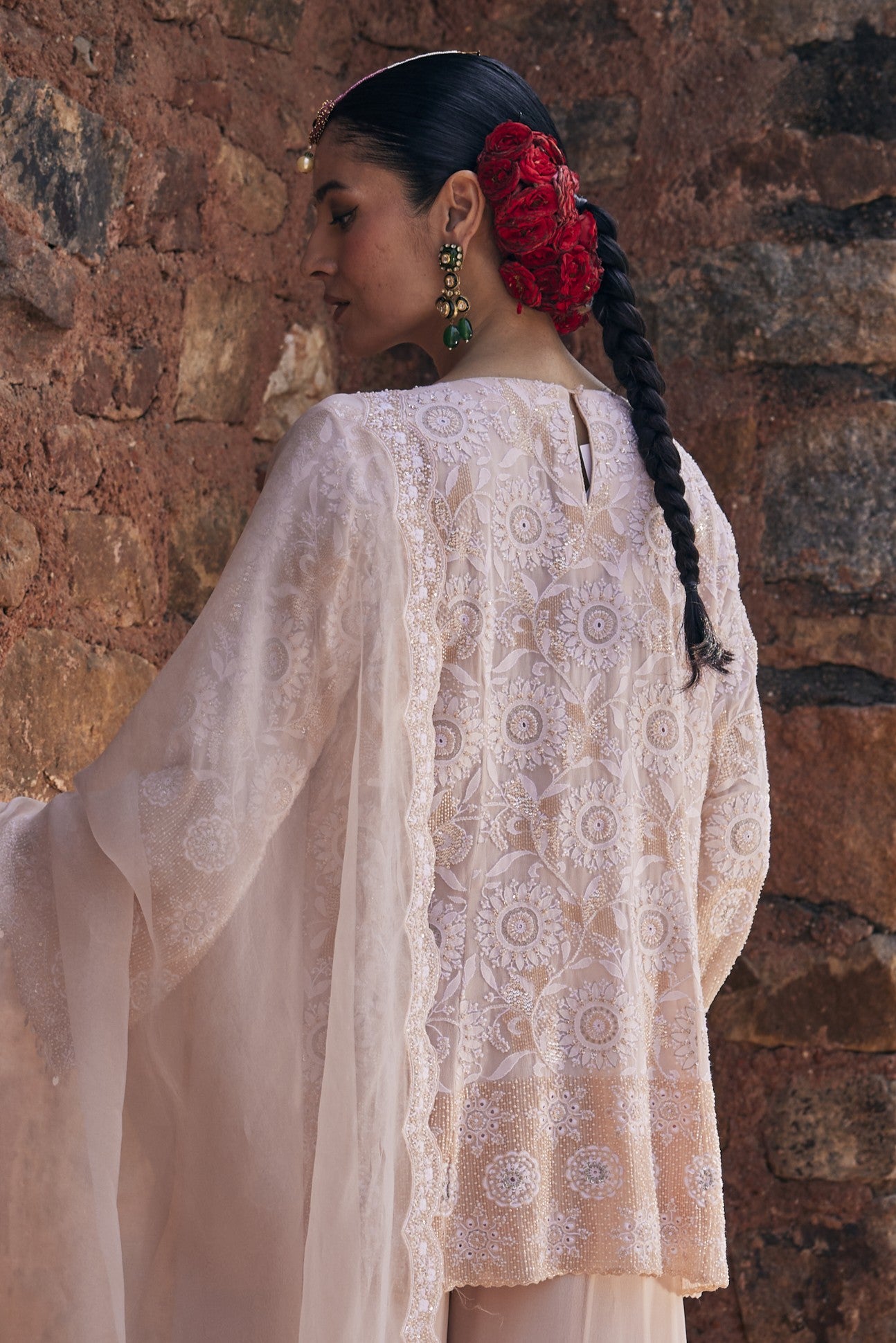 Haya Sharara Set - Peach Floral Chikankari Sharara Set