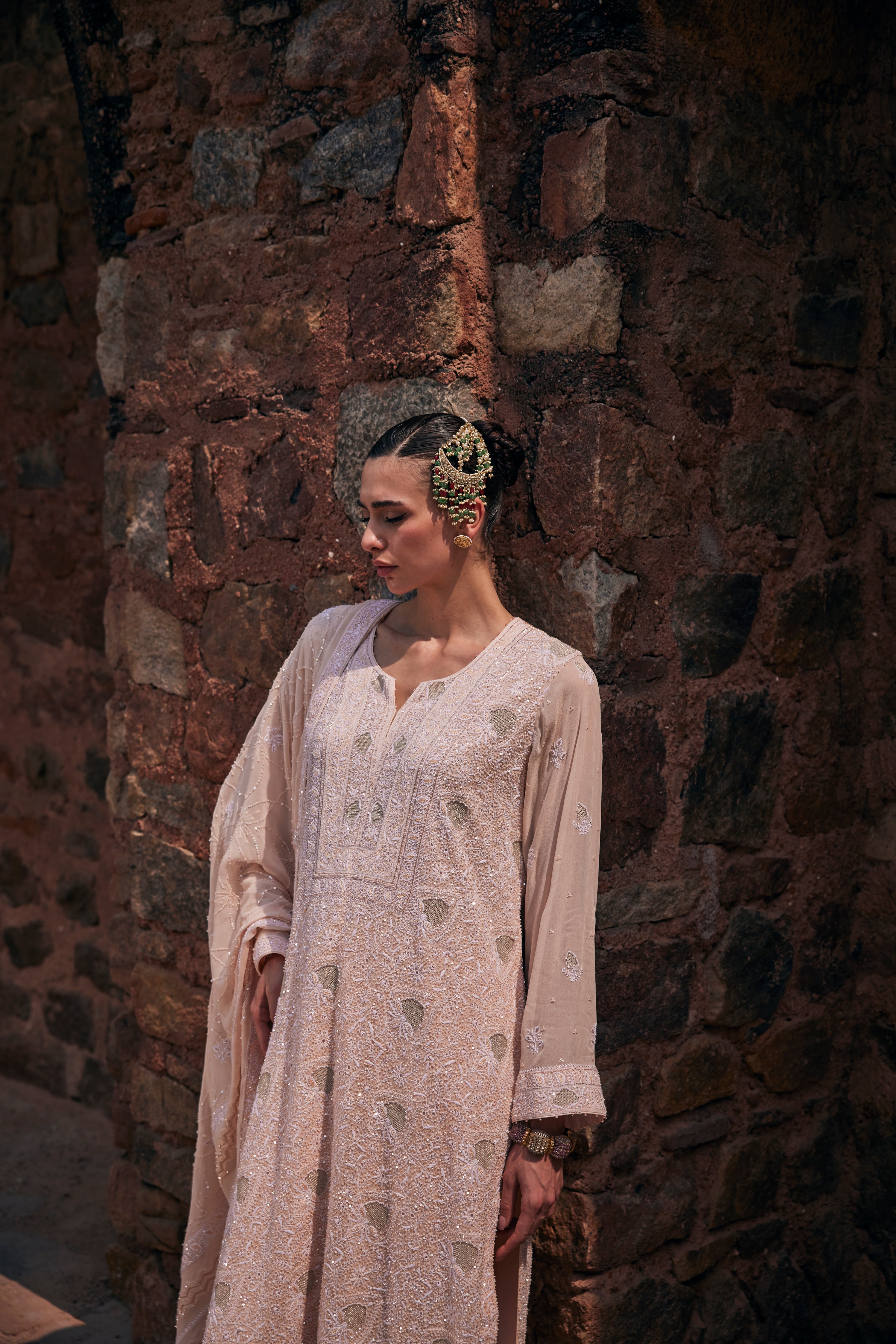 Sahar Kurta Set - Peach Jaali Chikankari Kurta Set