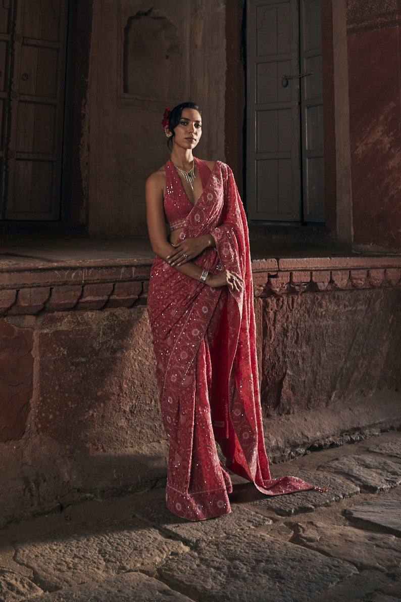 Aayat Saree - Fuchsia Georgette Paisley Boota Saree