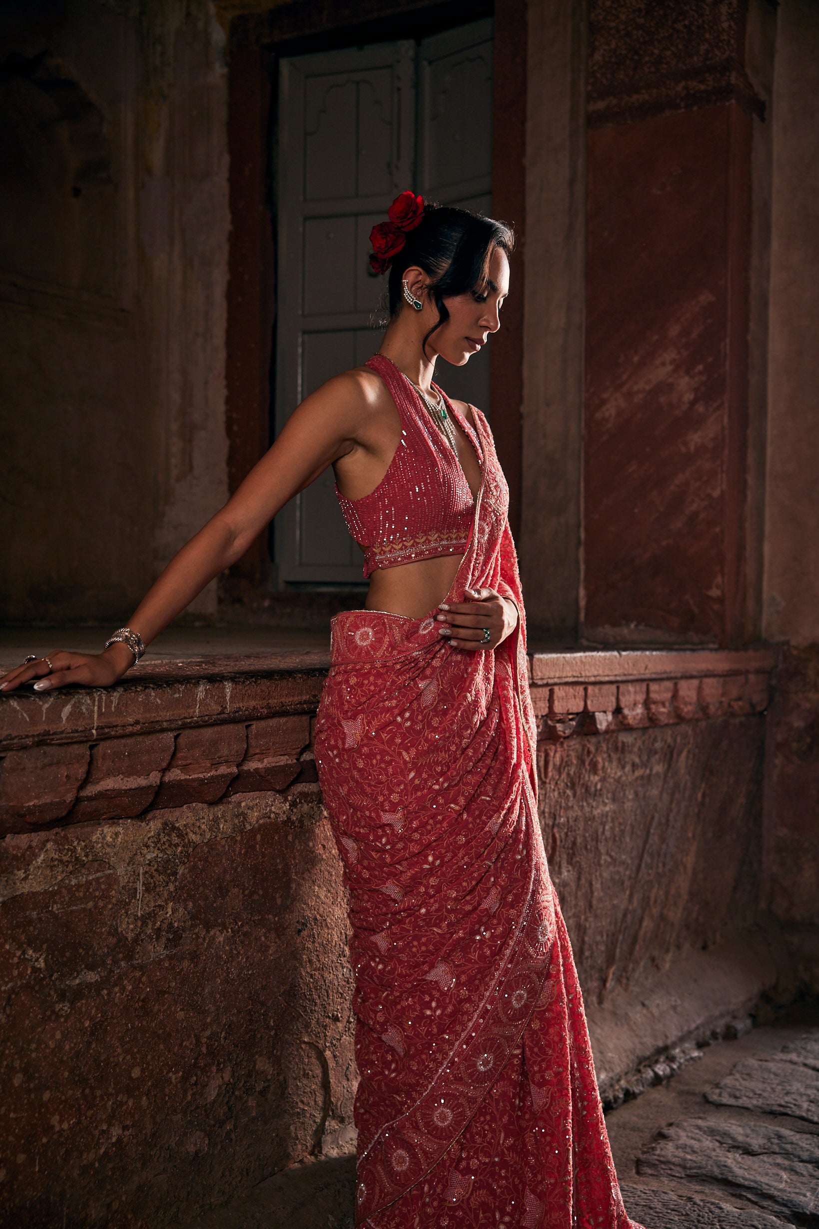 Aayat Saree - Fuchsia Georgette Paisley Boota Saree