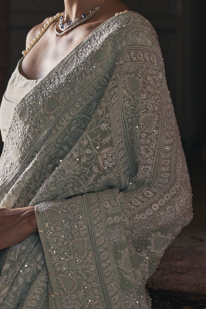 Aira Saree - Aqua Blue Chikankari & Jaal Saree
