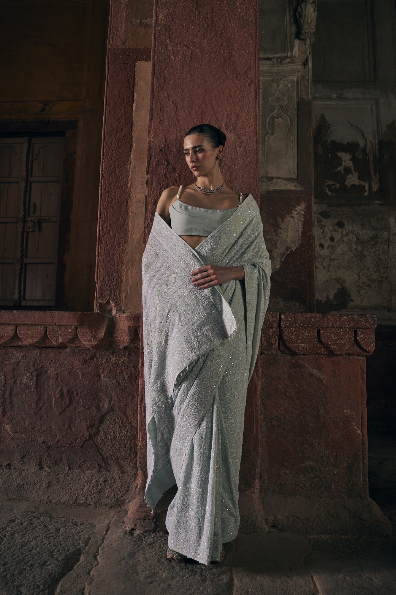 Aira Saree - Aqua Blue Chikankari & Jaal Saree