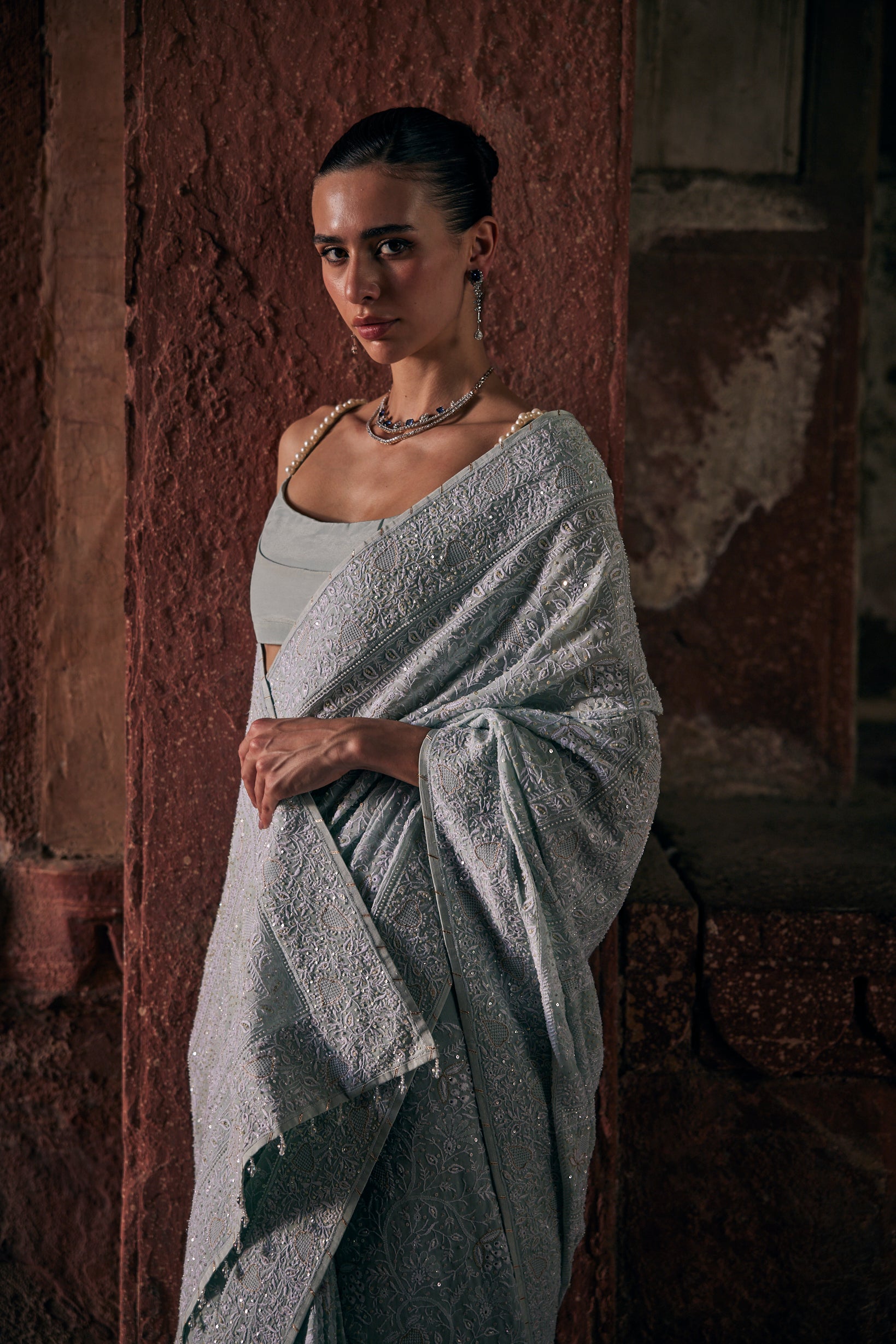 Aira Saree - Aqua Blue Chikankari & Jaal Saree