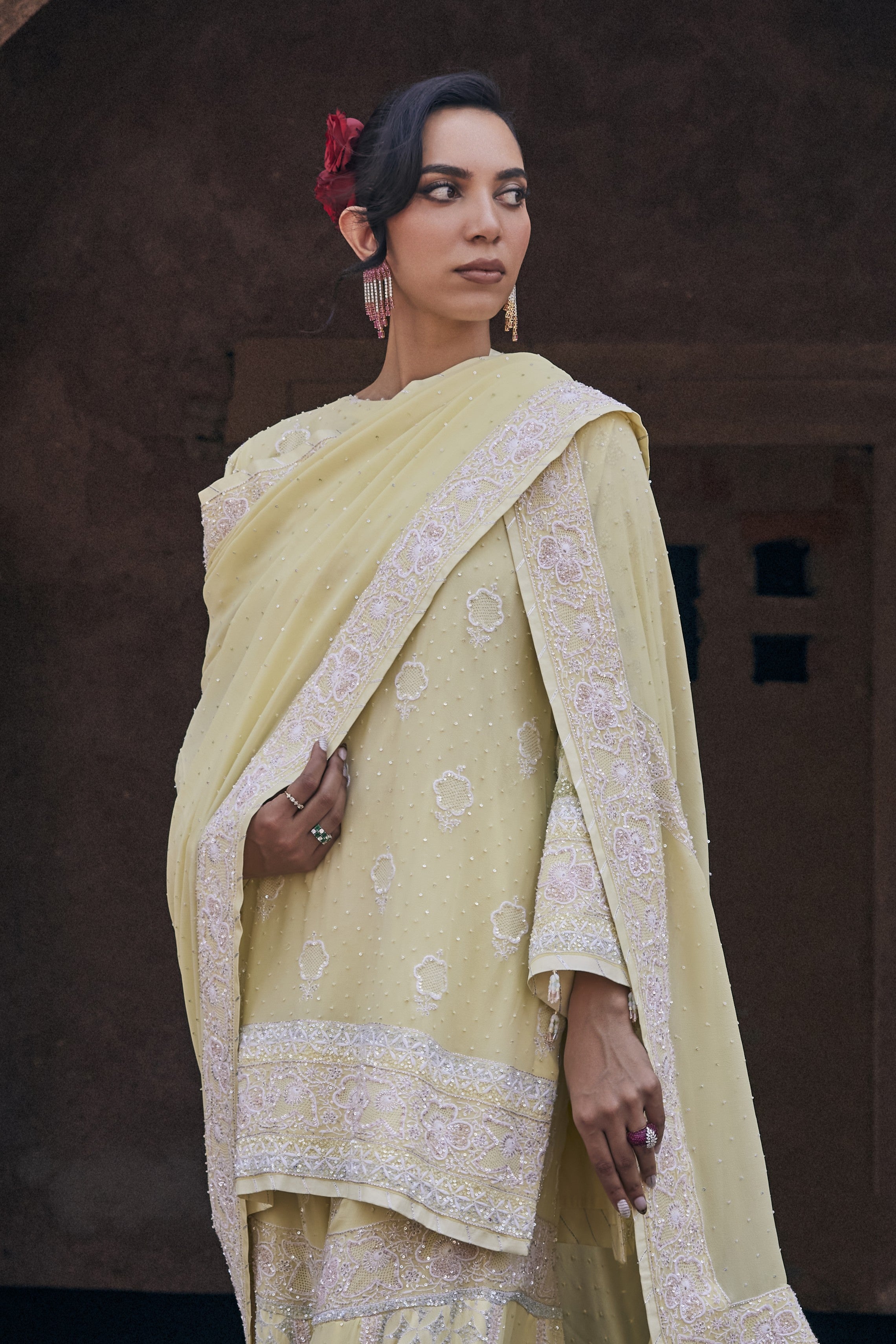 Naira Sharara Set - Yellow Georgette Floral Sharara Set