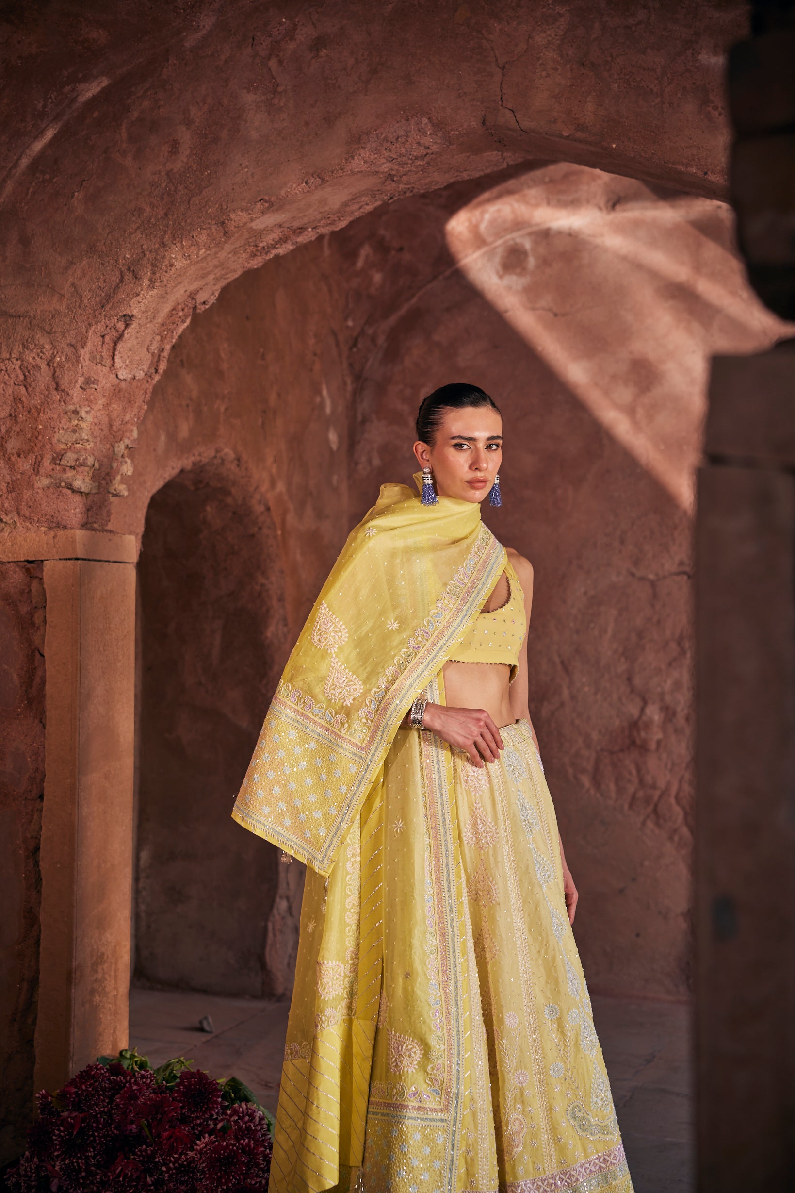 Tara Lehenga Set - Yellow Organza Multi-Sequins & Cutdana Chikankari Lehenga Set
