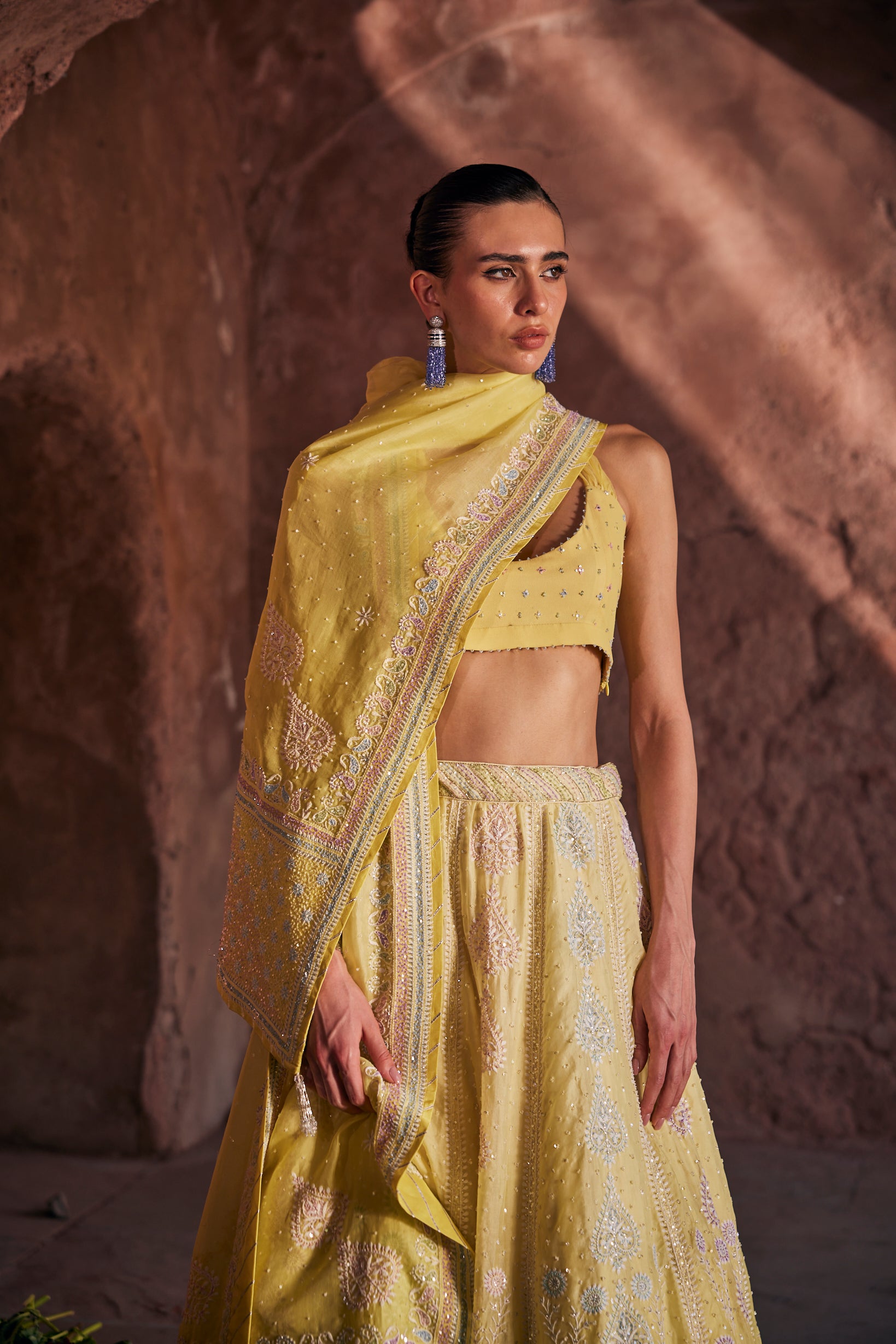 Tara Lehenga Set - Yellow Organza Multi-Sequins & Cutdana Chikankari Lehenga Set