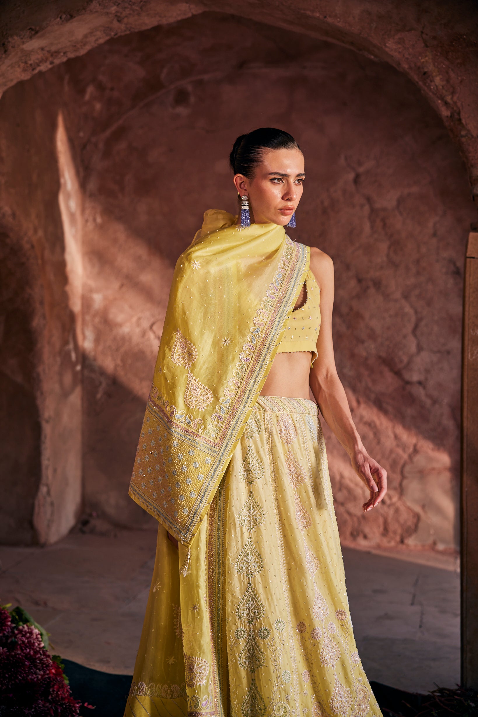 Tara Lehenga Set - Yellow Organza Multi-Sequins & Cutdana Chikankari Lehenga Set