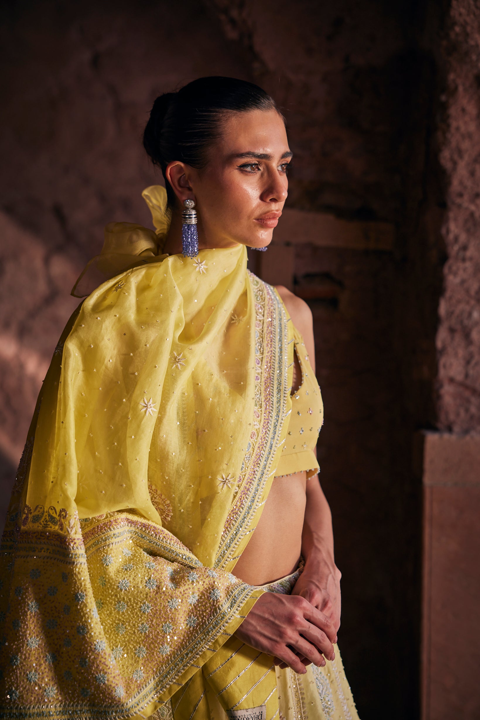 Tara Lehenga Set - Yellow Organza Multi-Sequins & Cutdana Chikankari Lehenga Set