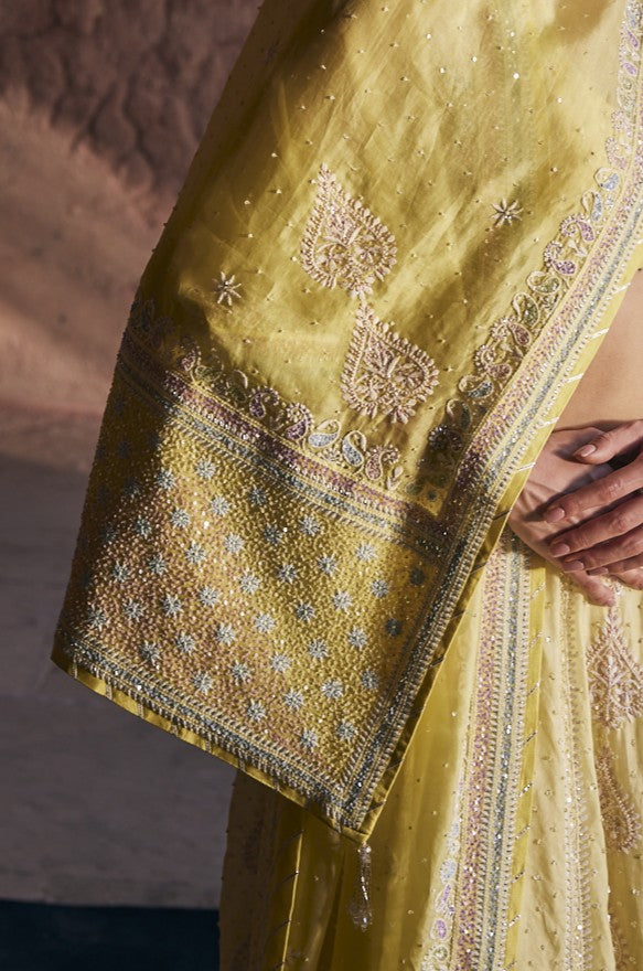 Tara Lehenga Set - Yellow Organza Multi-Sequins & Cutdana Chikankari Lehenga Set