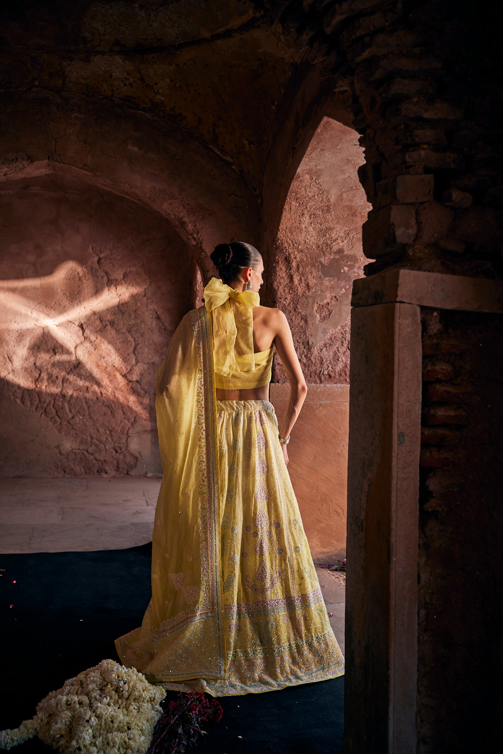 Tara Lehenga Set - Yellow Organza Multi-Sequins & Cutdana Chikankari Lehenga Set