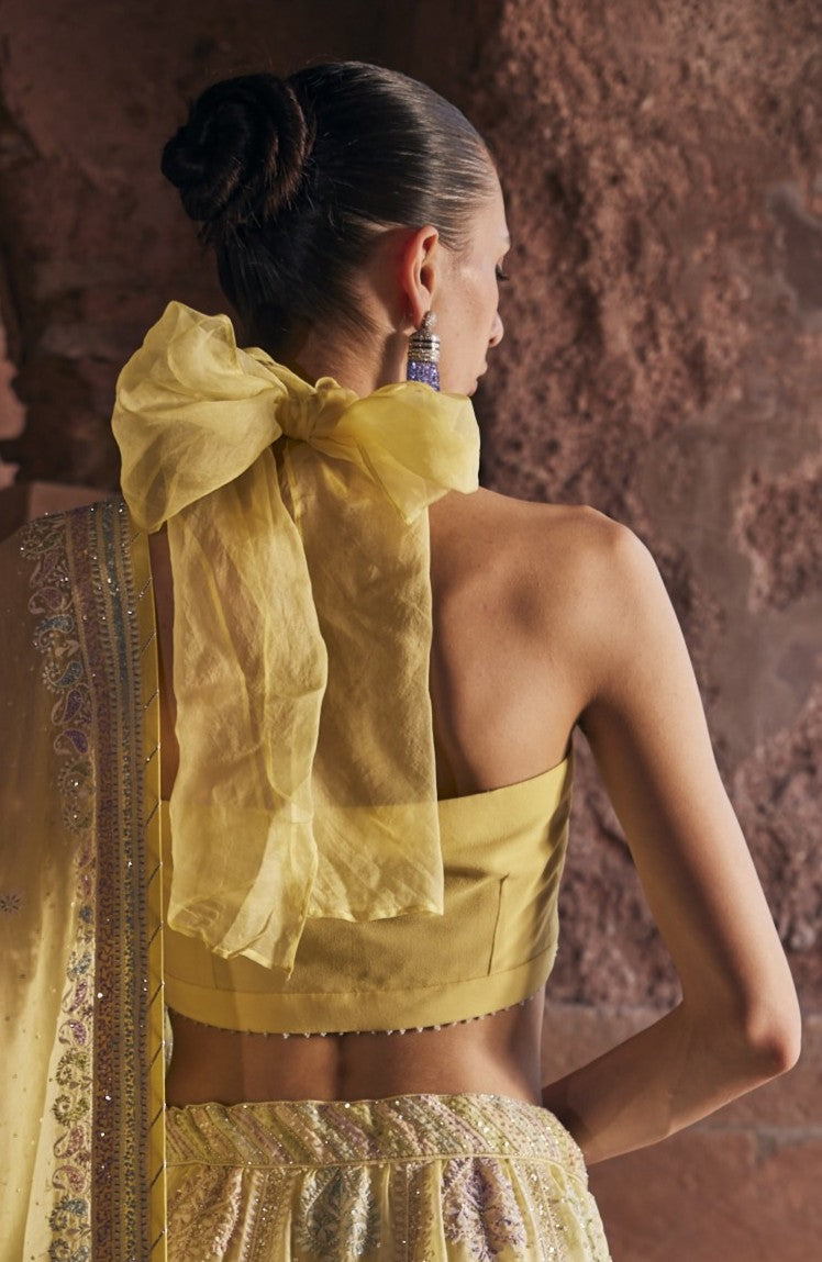 Tara Lehenga Set - Yellow Organza Multi-Sequins & Cutdana Chikankari Lehenga Set