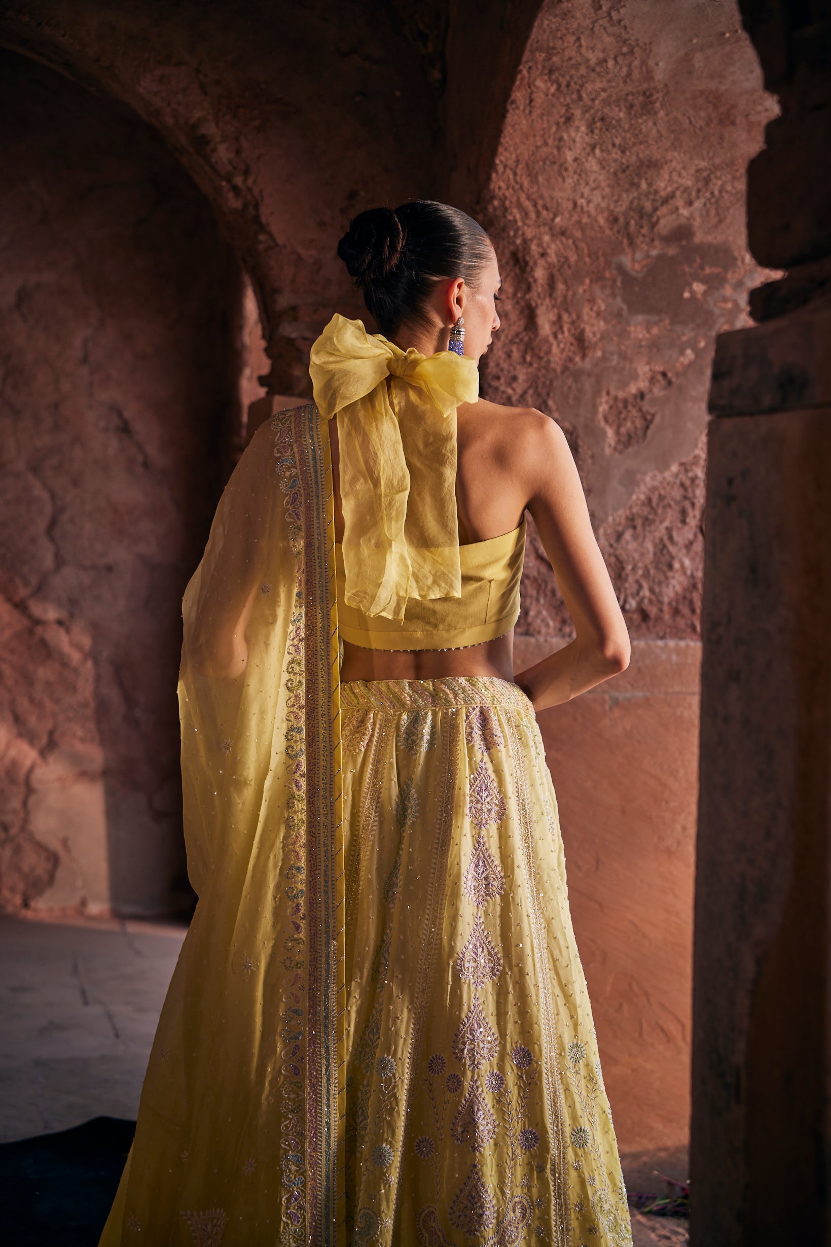 Tara Lehenga Set - Yellow Organza Multi-Sequins & Cutdana Chikankari Lehenga Set
