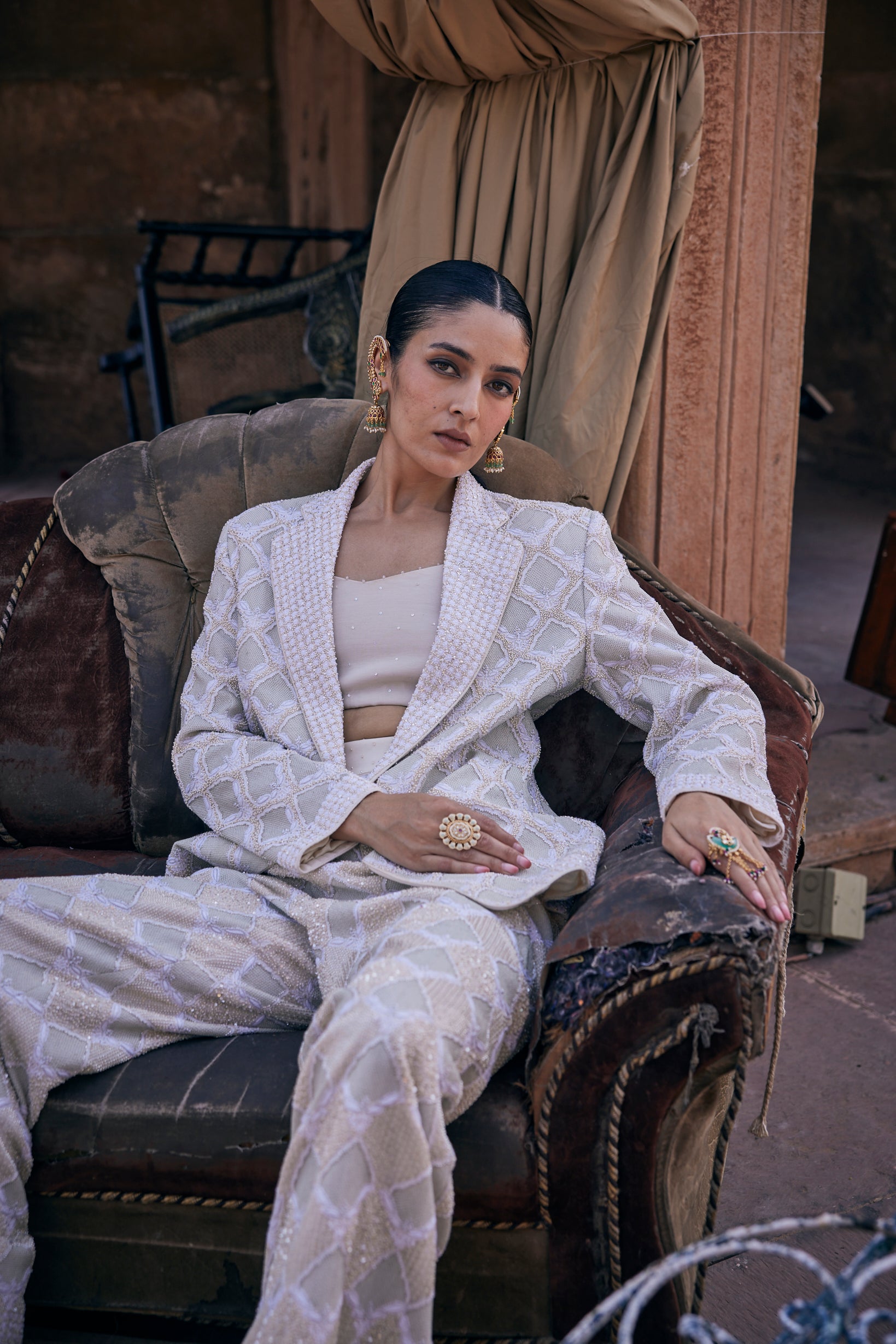 Kaya Blazer Set - Ivory Georgette Signature Awadhi Jali Blazer Set