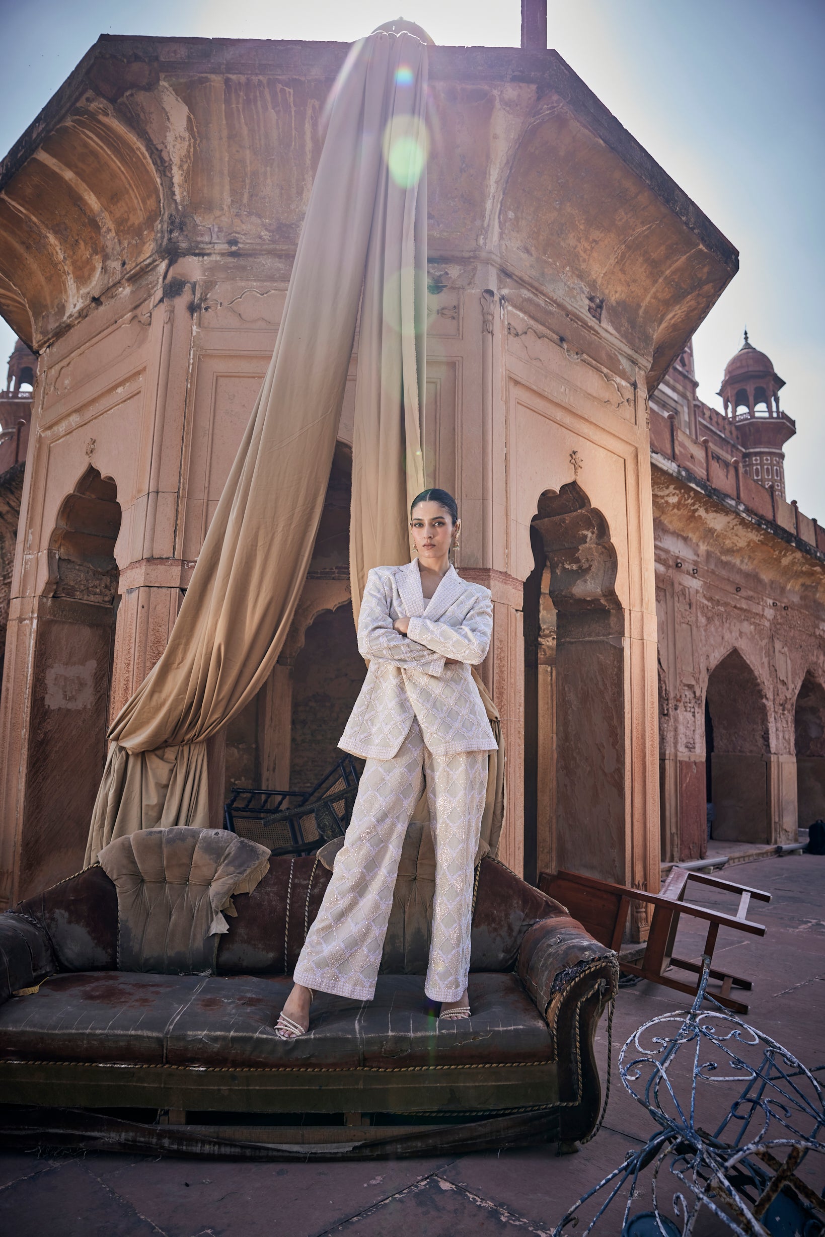 Kaya Blazer Set - Ivory Georgette Signature Awadhi Jali Blazer Set