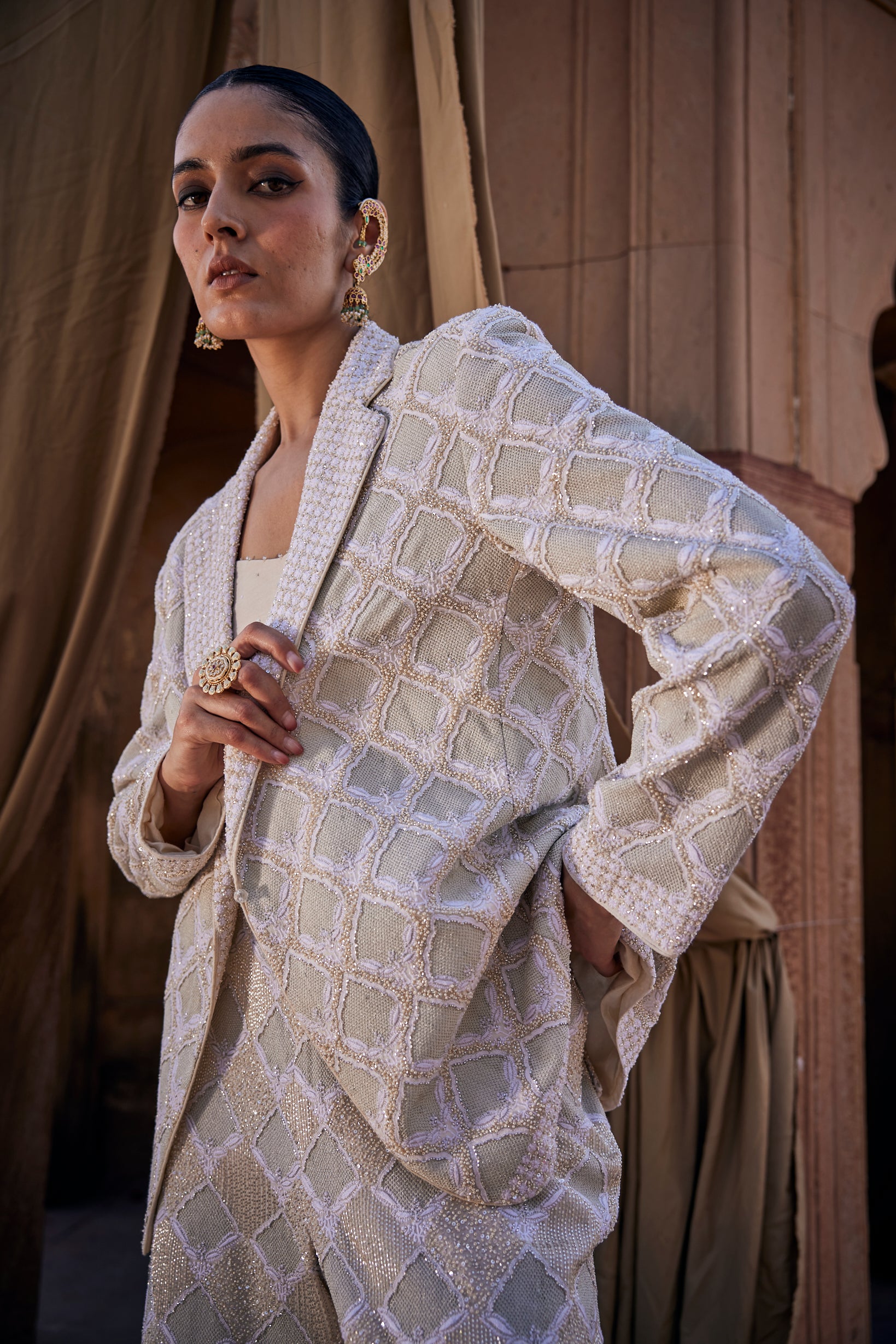 Kaya Blazer Set - Ivory Georgette Signature Awadhi Jali Blazer Set