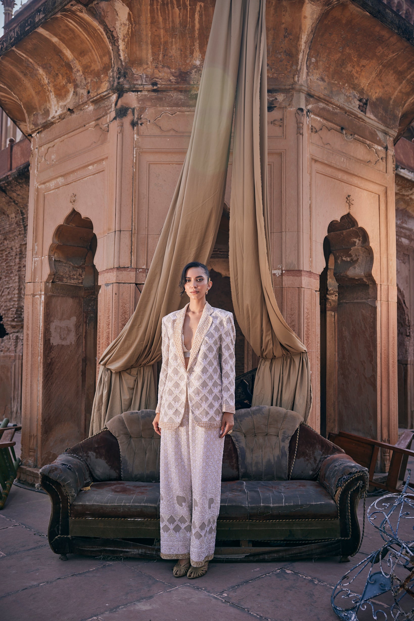 Nura Blazer Set - Ivory Gold Chikankari & Jaali Blazer Set
