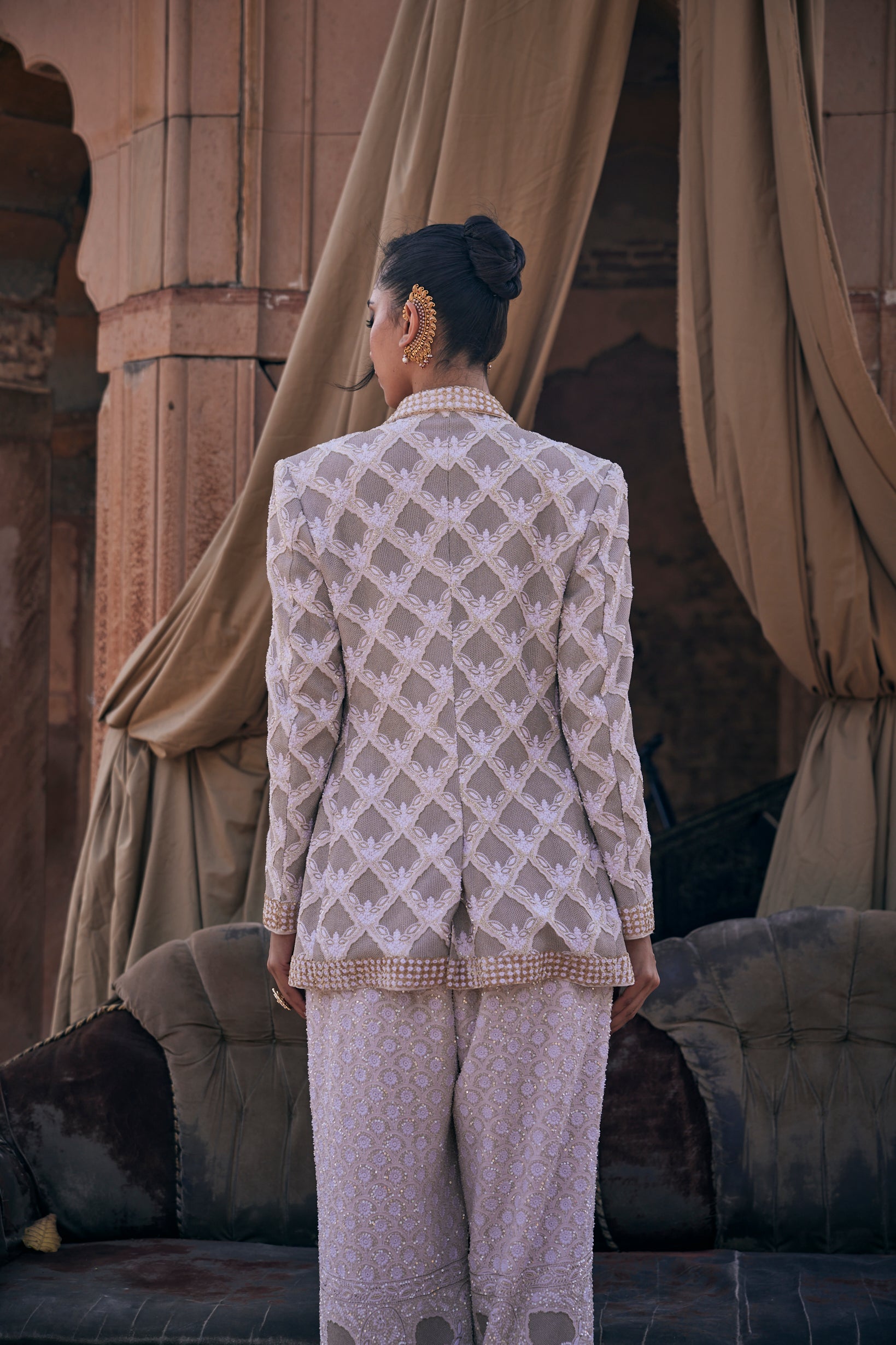 Nura Blazer Set - Ivory Gold Chikankari & Jaali Blazer Set