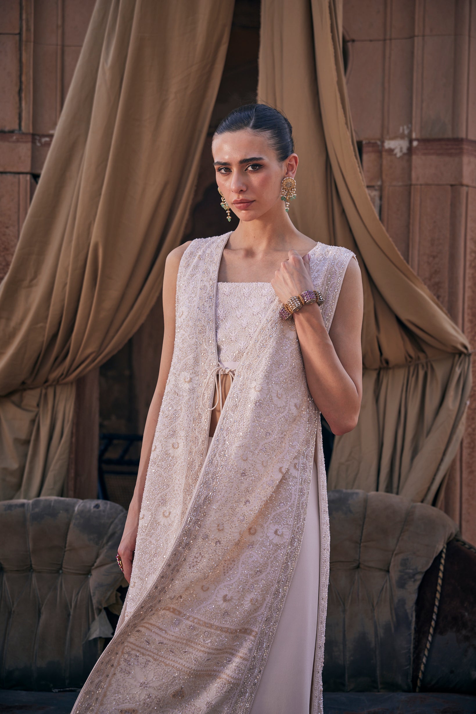 Amara Jacket Set - Ivory Chikankari Long Jacket Set