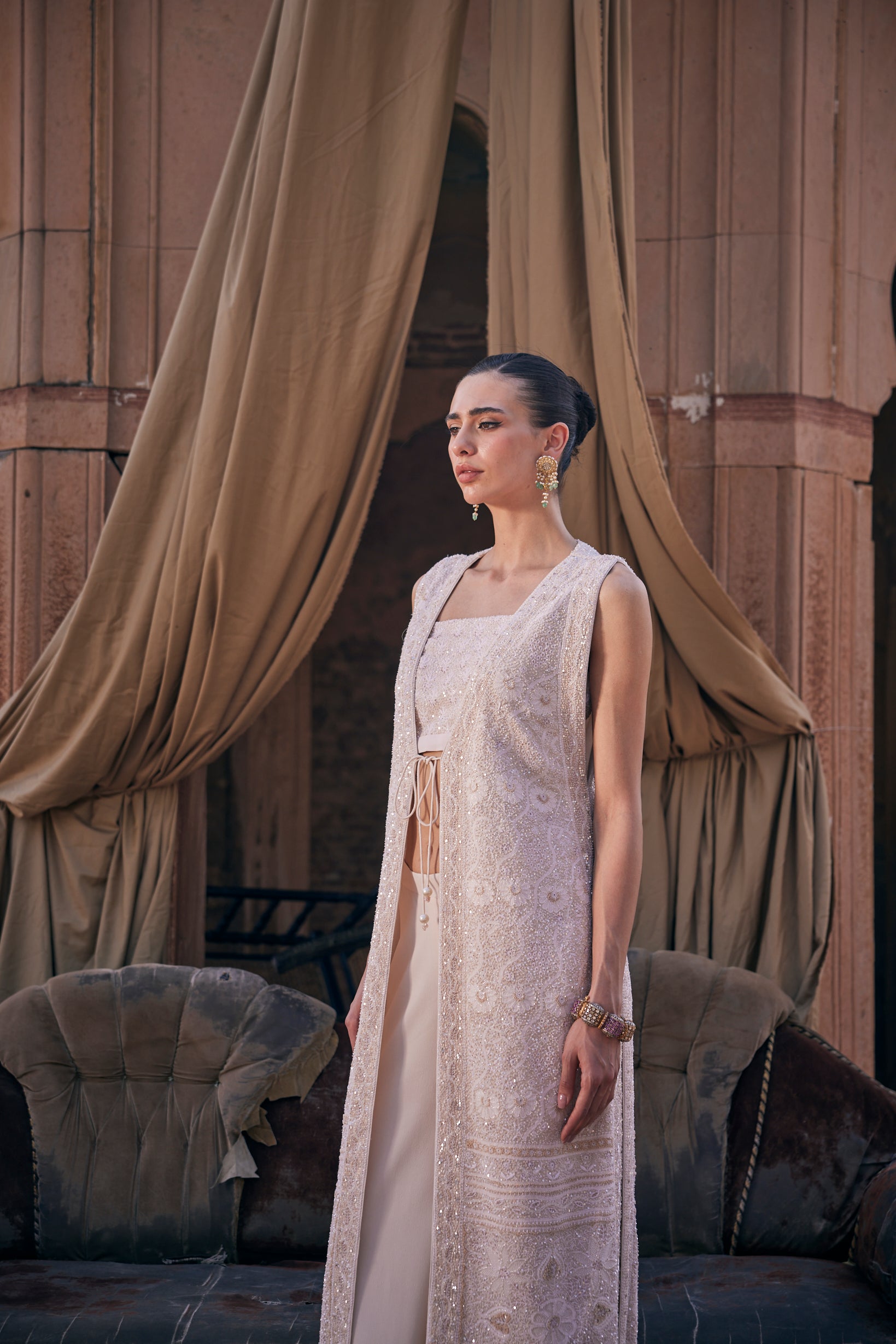 Amara Jacket Set - Ivory Chikankari Long Jacket Set