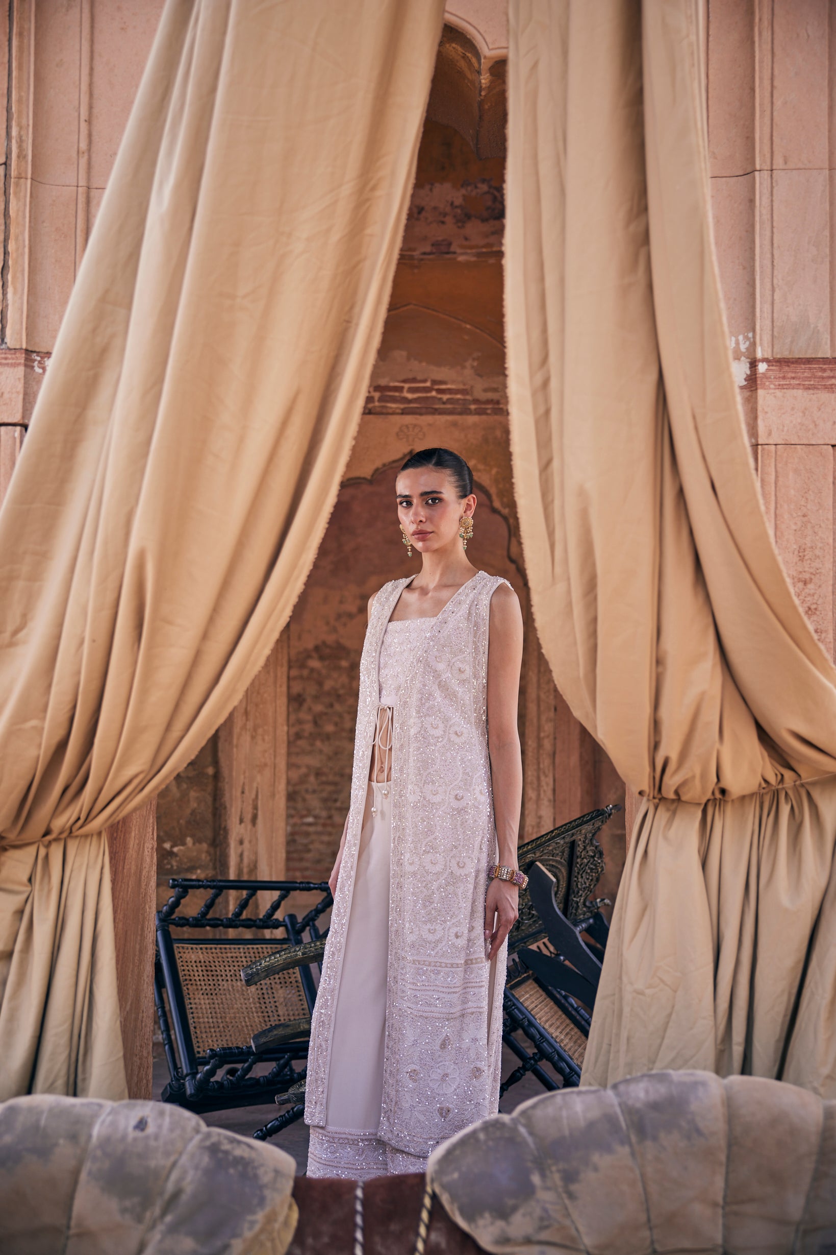 Amara Jacket Set - Ivory Chikankari Long Jacket Set