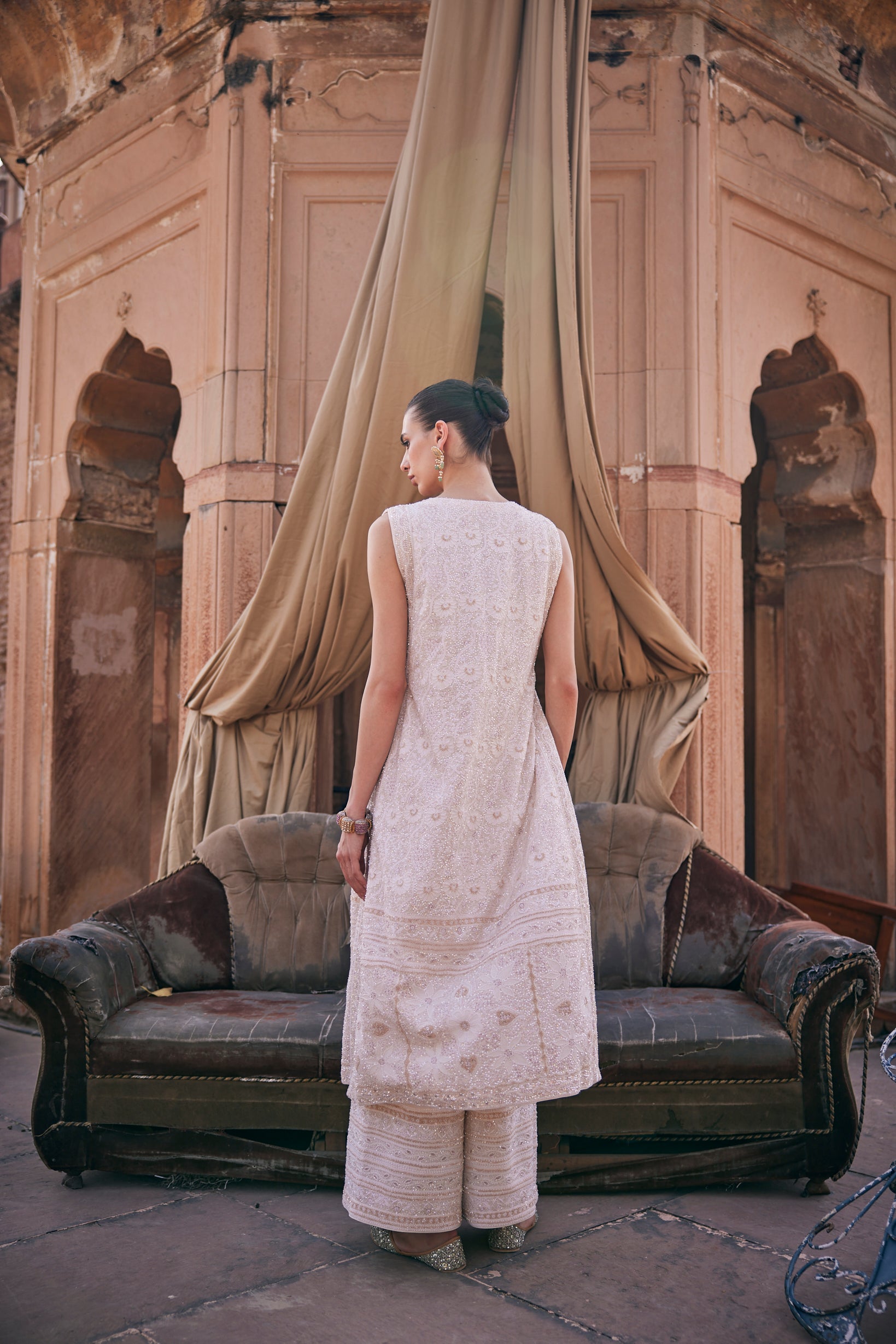 Amara Jacket Set - Ivory Chikankari Long Jacket Set