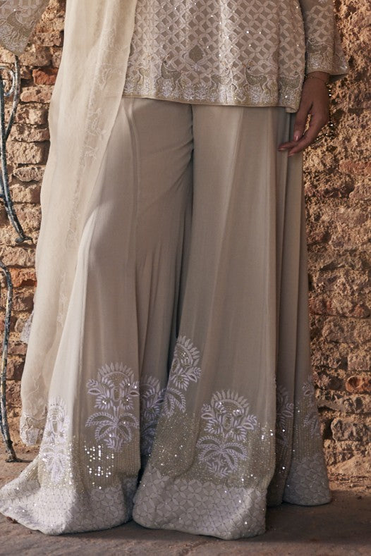 Eira Sharara Set - Sage Green Georgette Chikankari Deer Sharara Set