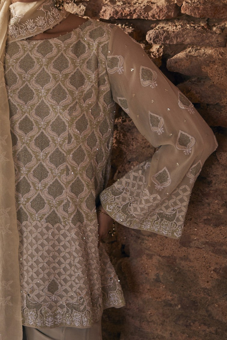 Eira Sharara Set - Sage Green Georgette Chikankari Deer Sharara Set