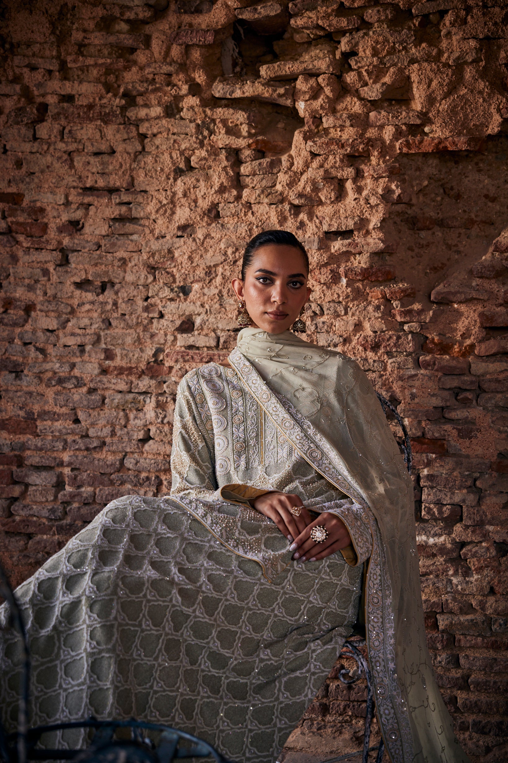 Mehrab Sharara Set - Green Georgette Chikankari Do-Taar Jaali Sharara Set