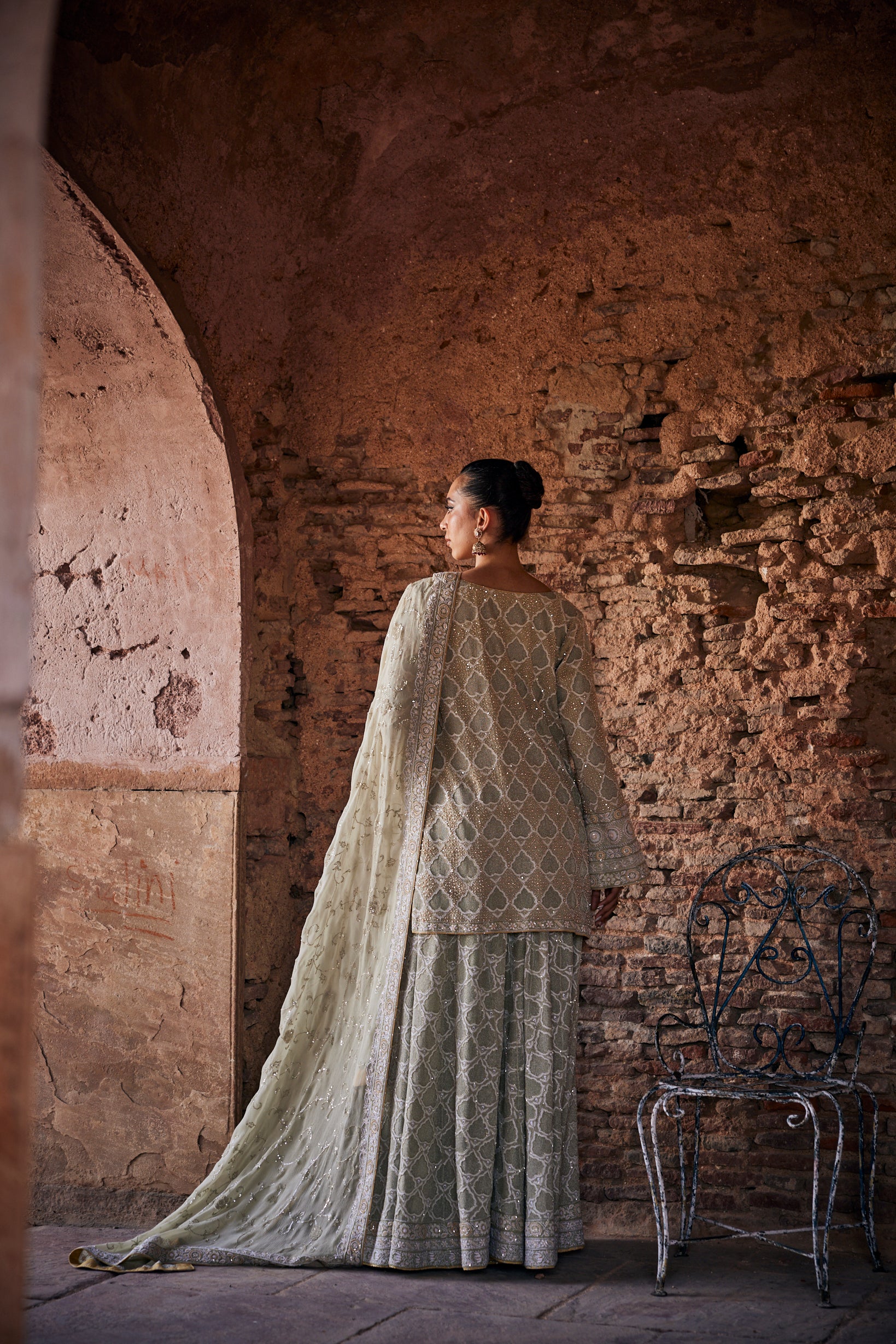 Mehrab Sharara Set - Green Georgette Chikankari Do-Taar Jaali Sharara Set