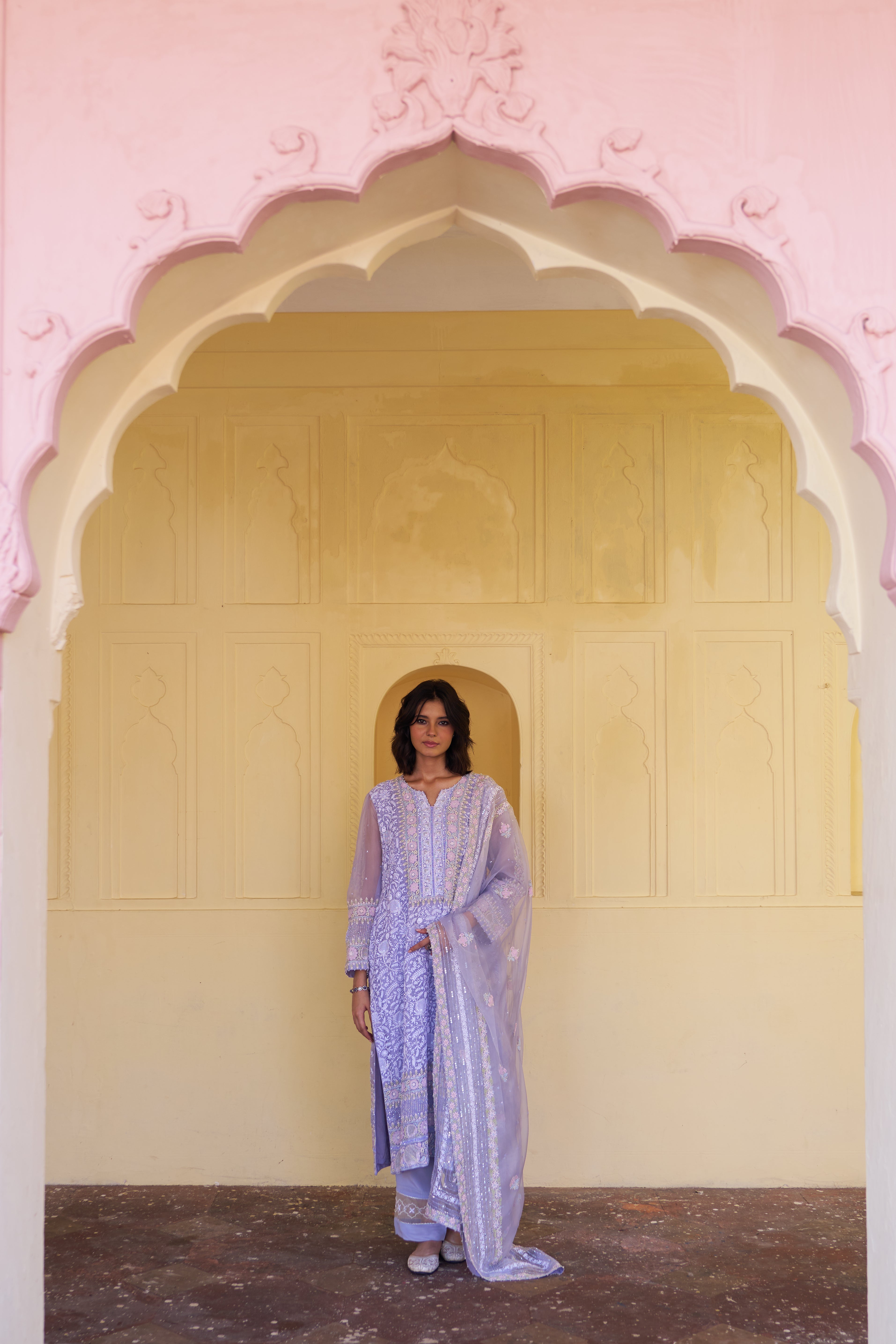 Periwinkle Premium Organza Chikankari Kurta Set