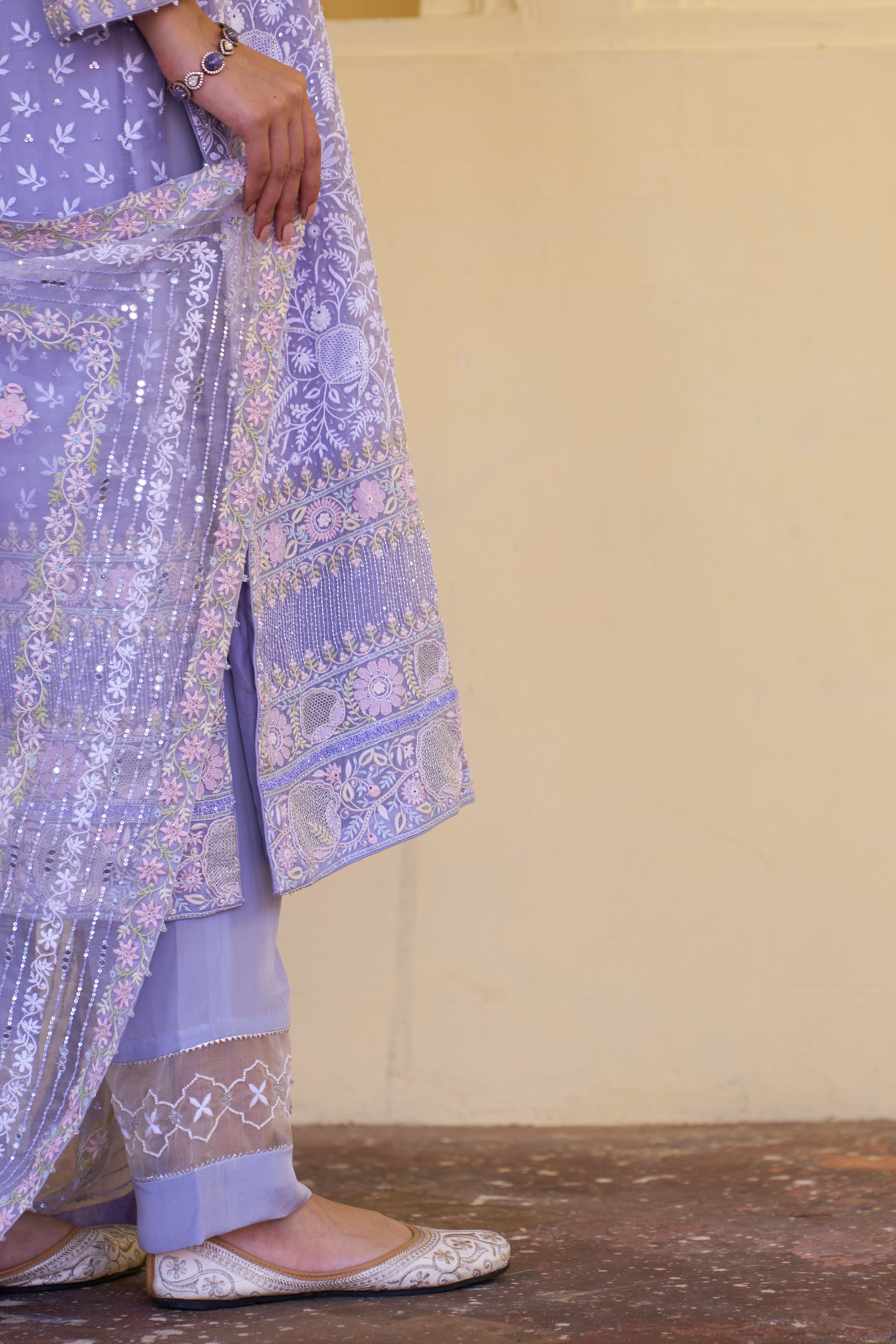 Periwinkle Premium Organza Chikankari Kurta Set