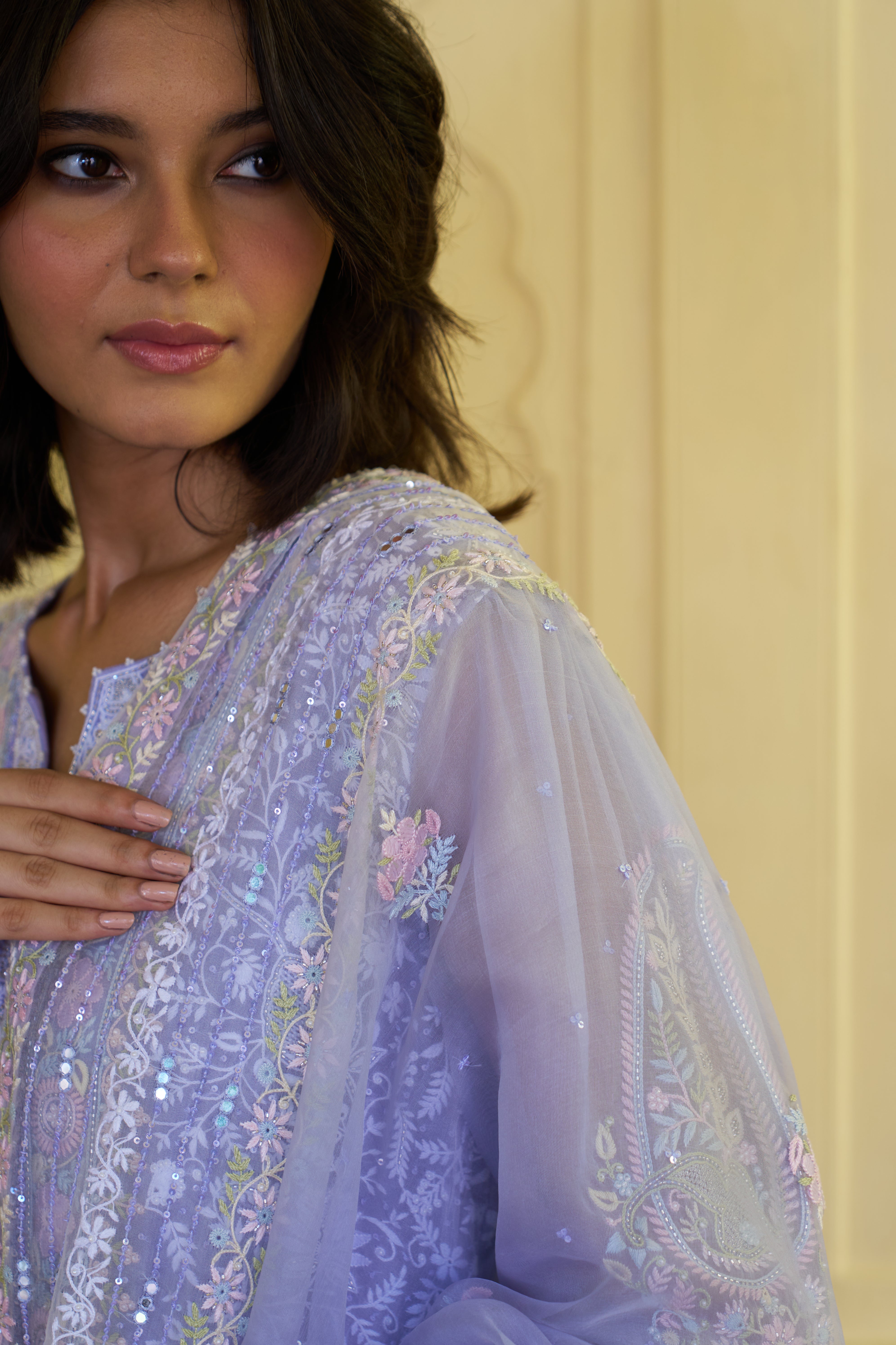 Periwinkle Premium Organza Chikankari Kurta Set