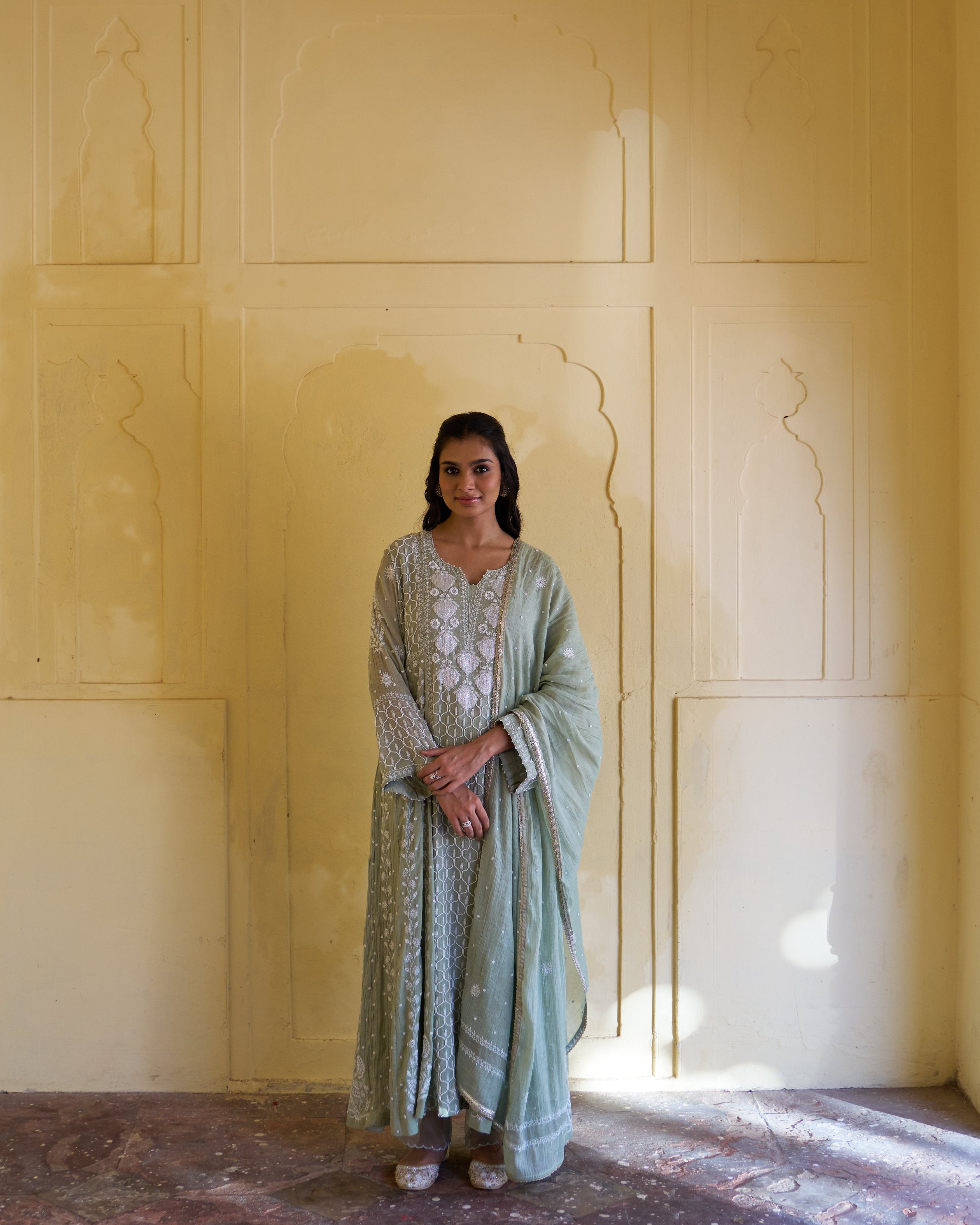 Green tissue Chikankari Anarkali Set