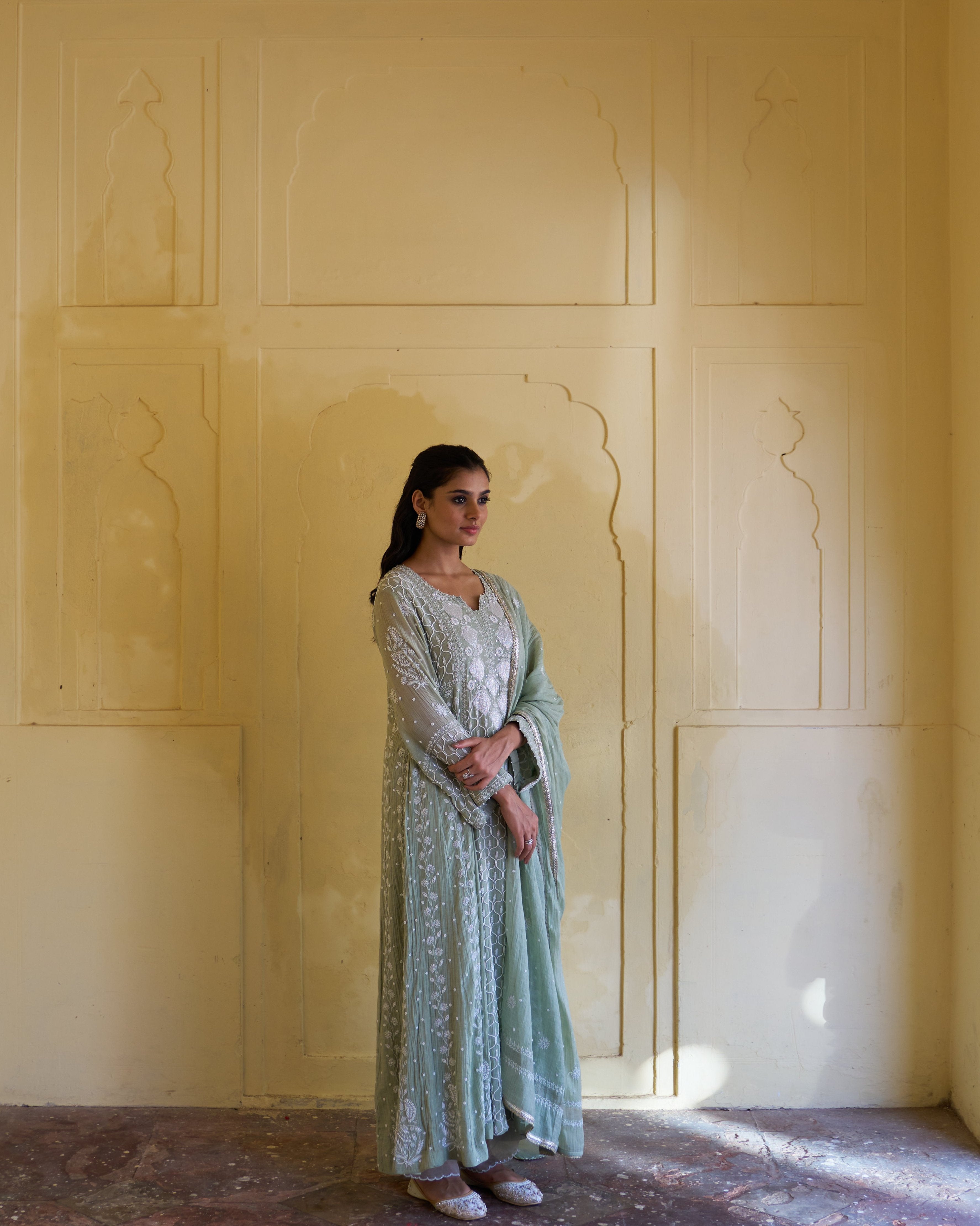 Green tissue Chikankari Anarkali Set