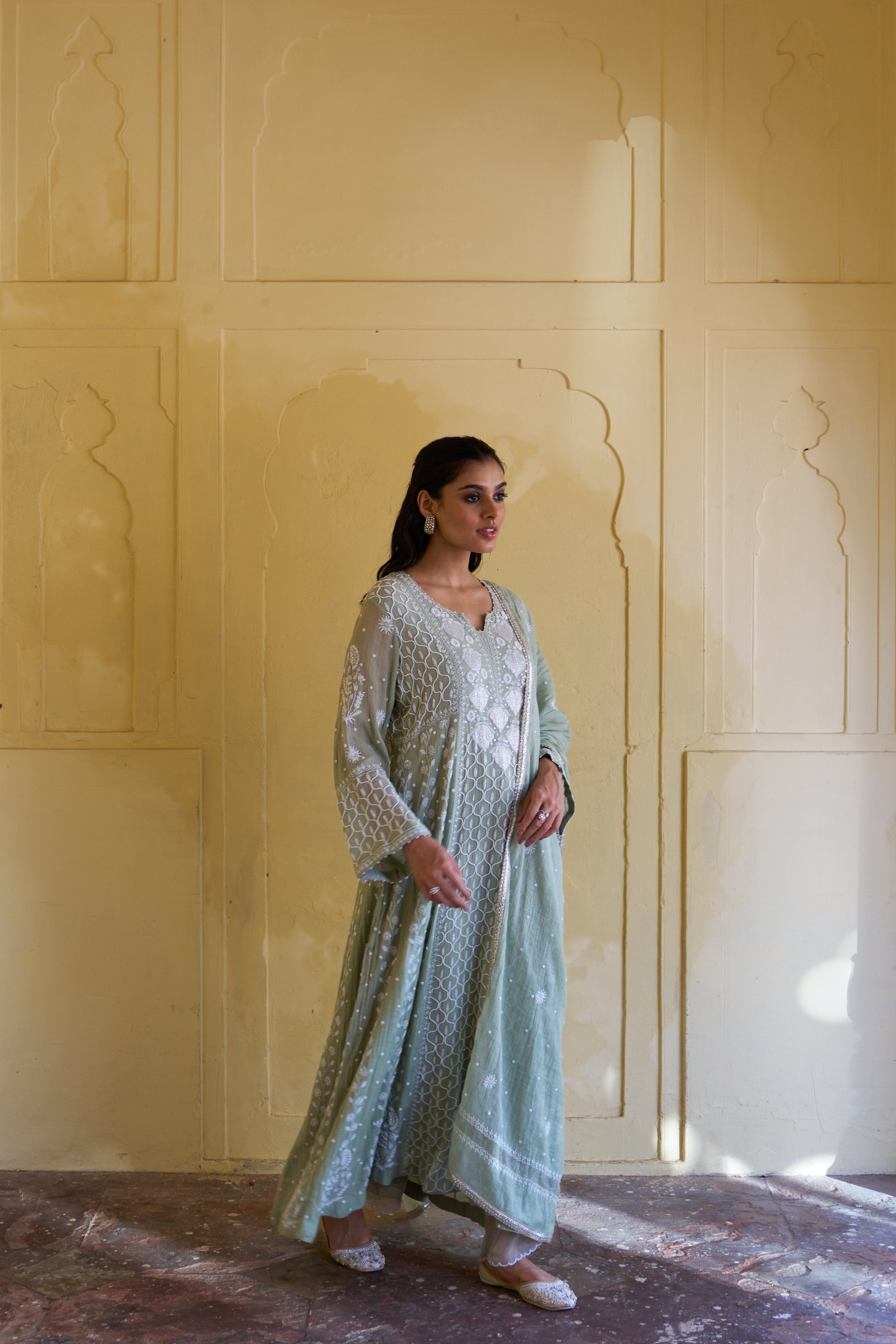 Green tissue Chikankari Anarkali Set