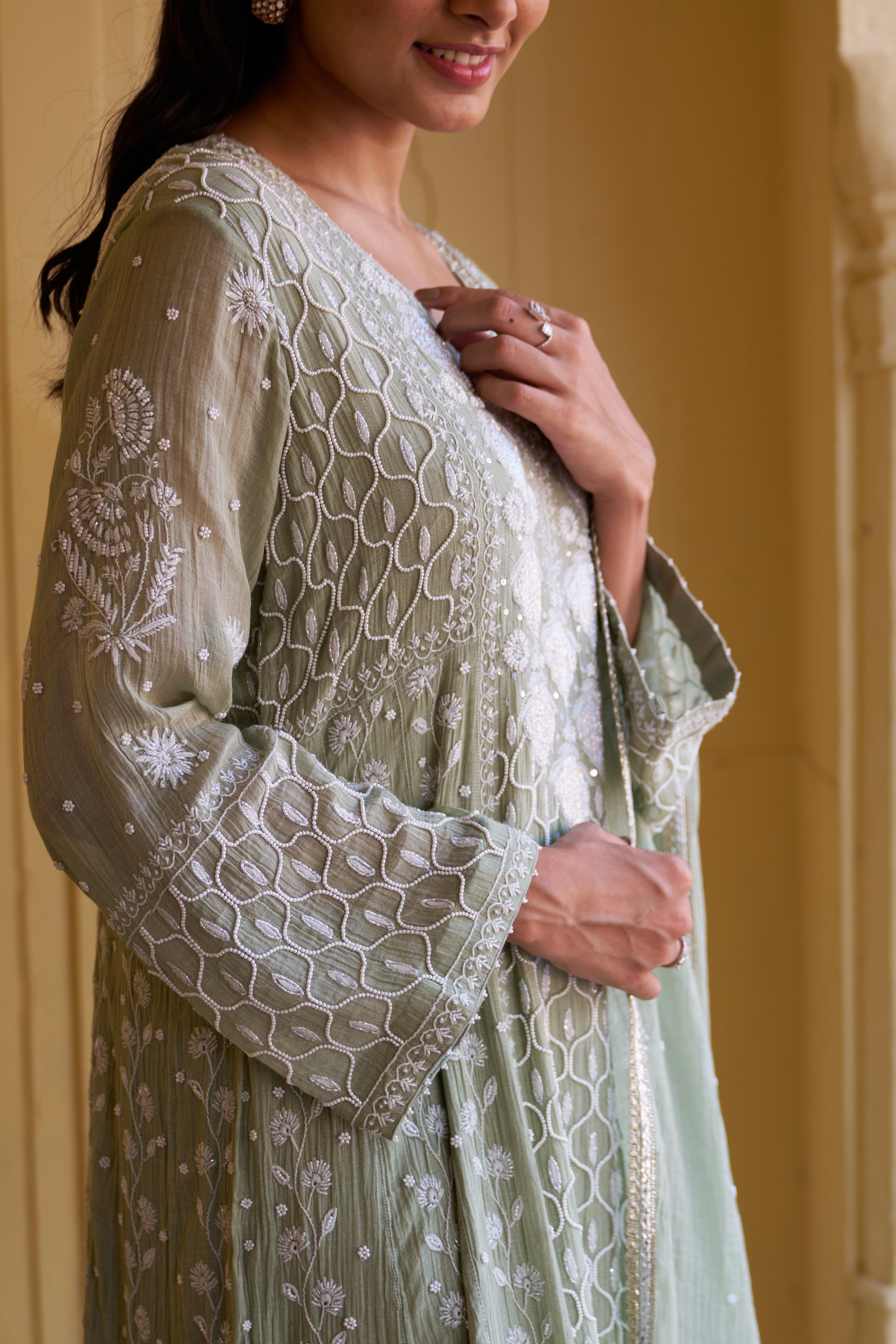 Green tissue Chikankari Anarkali Set