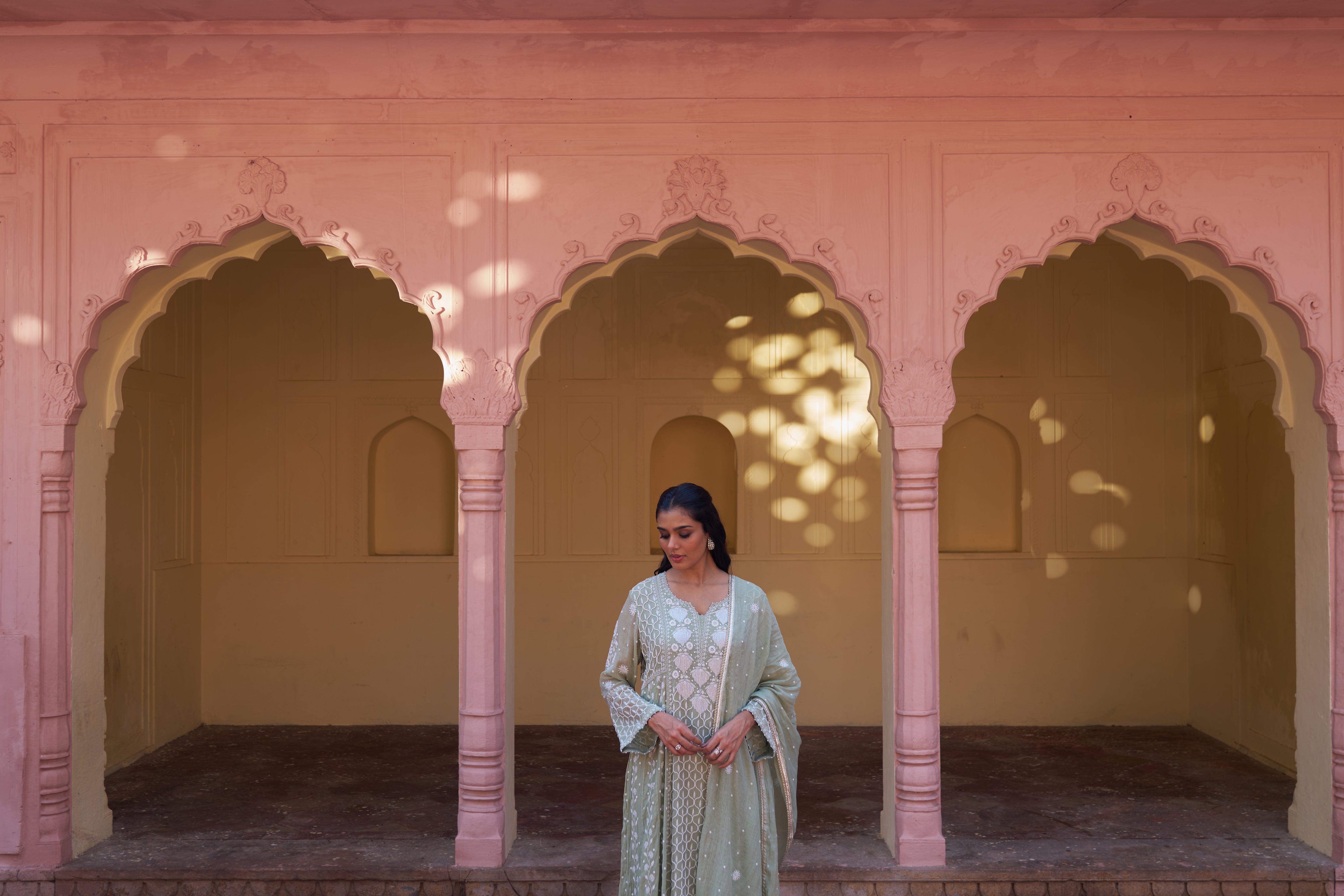 Green tissue Chikankari Anarkali Set