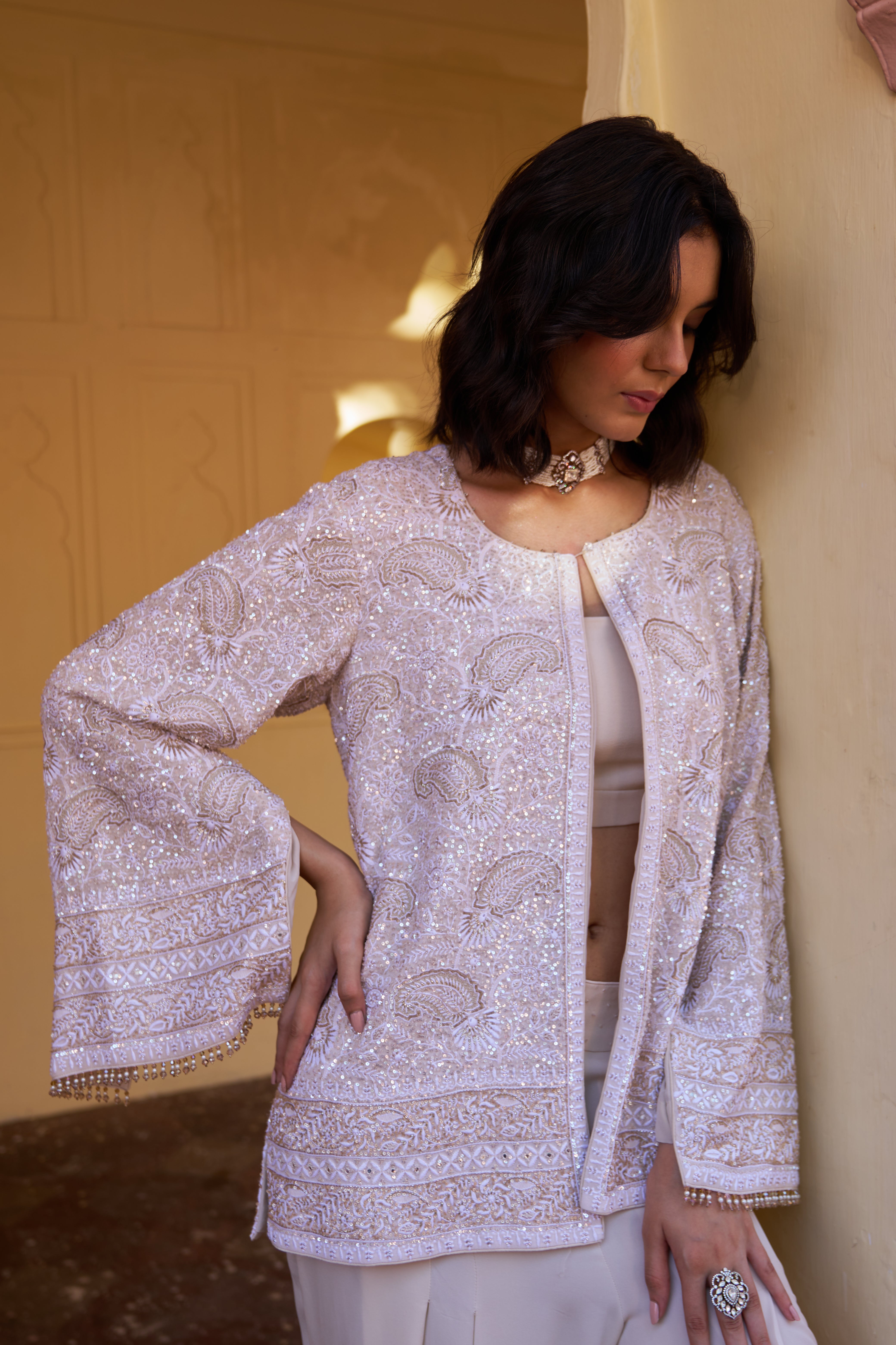 Ivory Georgette Chikankari Gilet Set