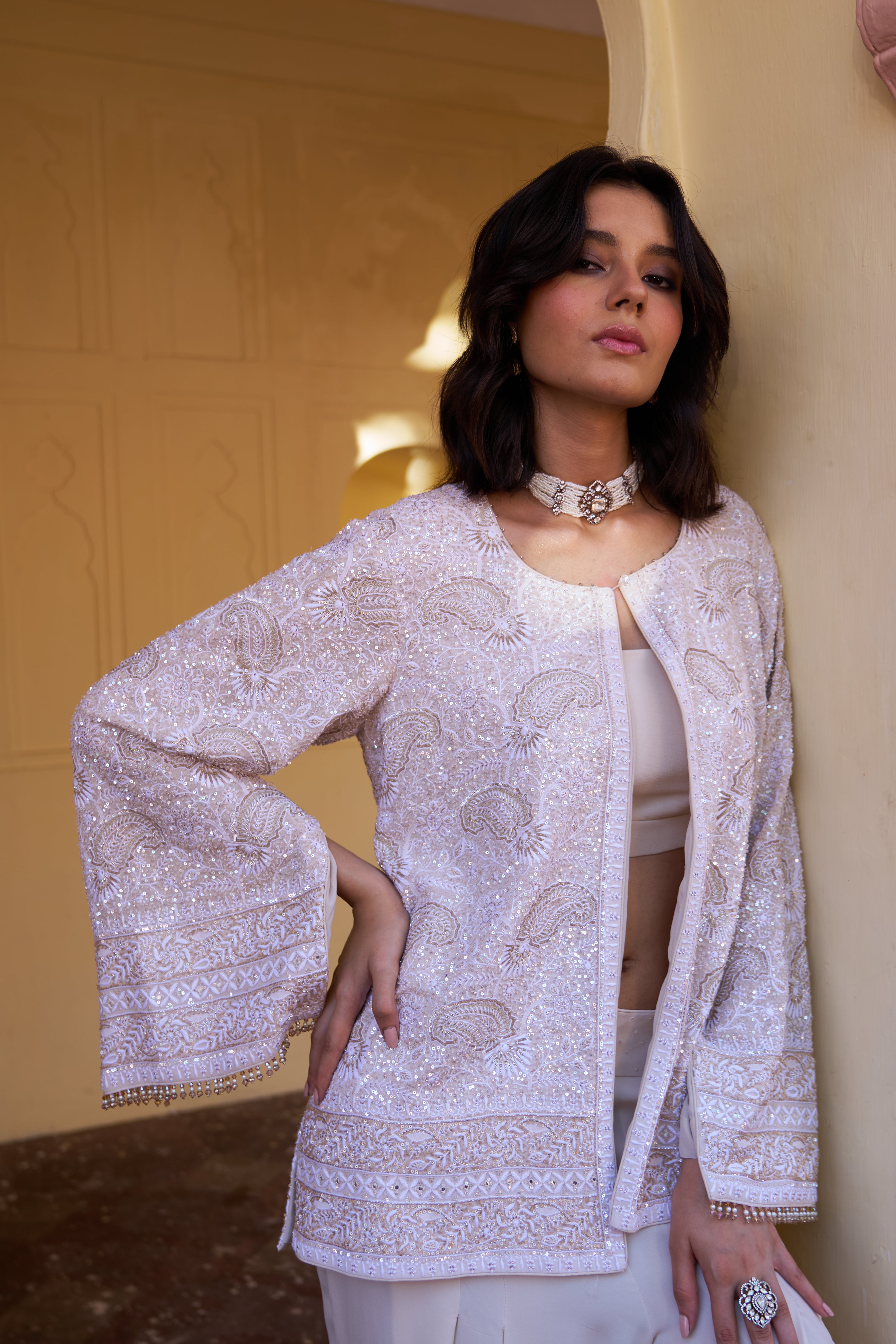 Ivory Georgette Chikankari Gilet Set