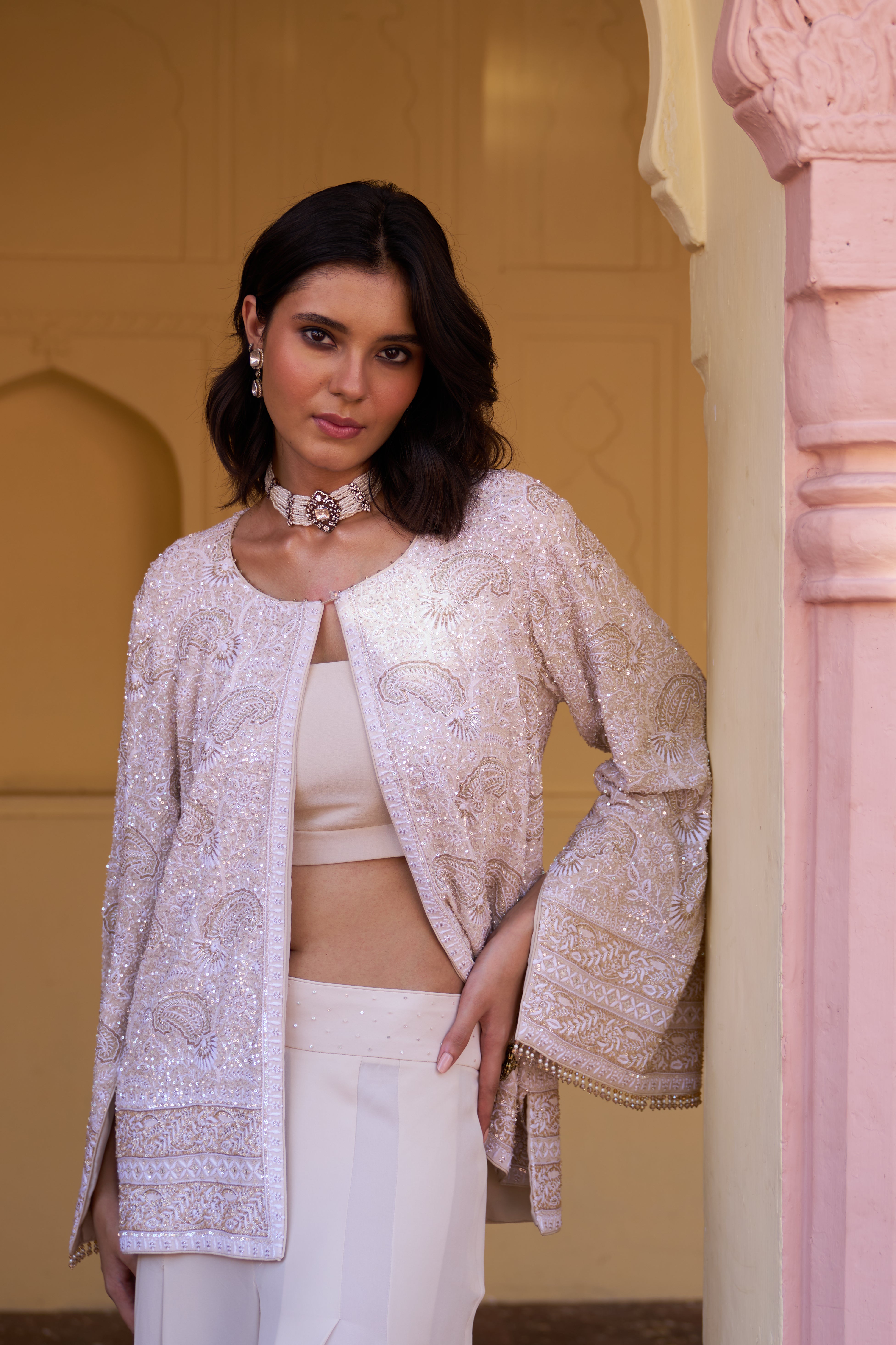 Ivory Georgette Chikankari Gilet Set