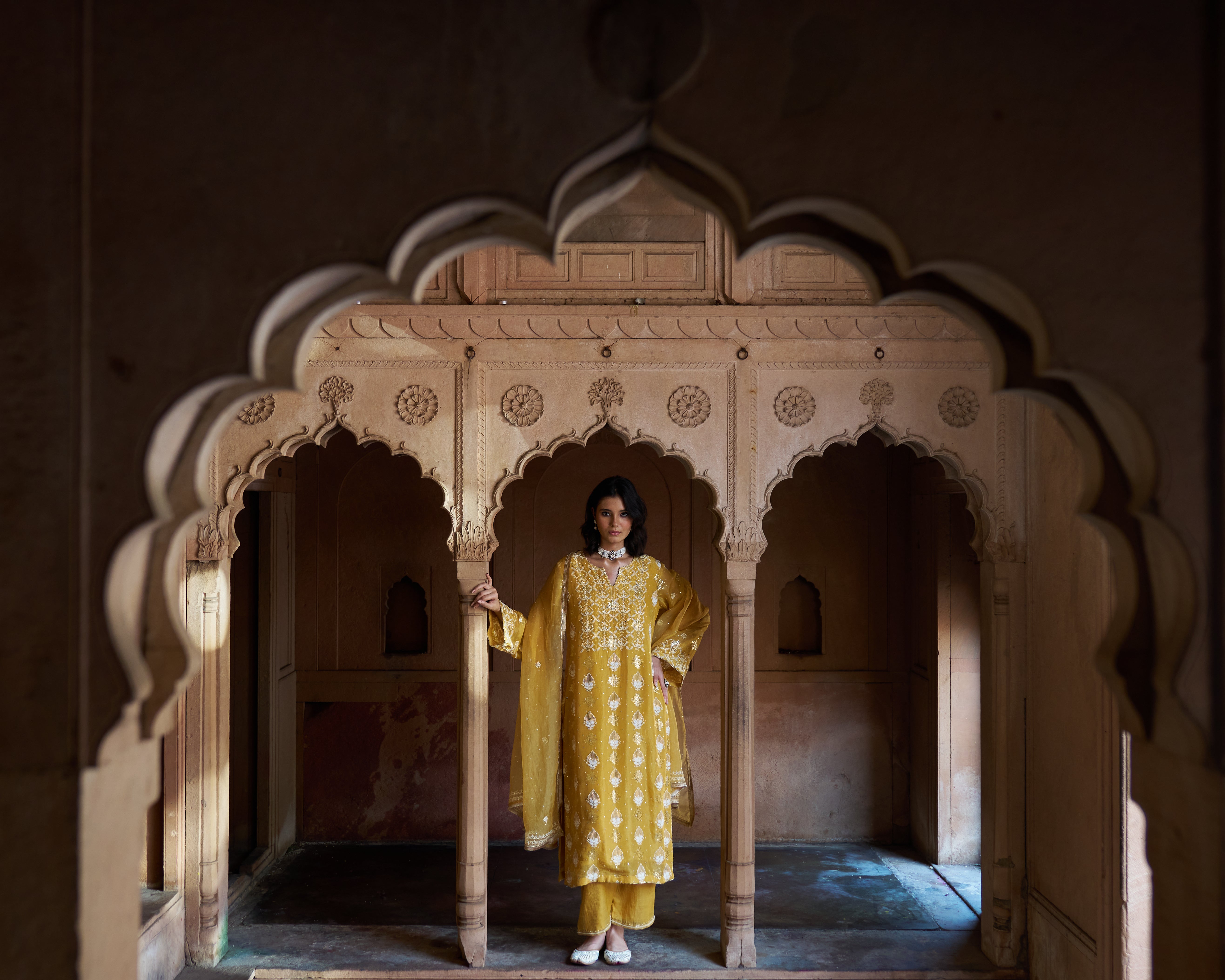 Yellow Organza Chikankari Kurta Set