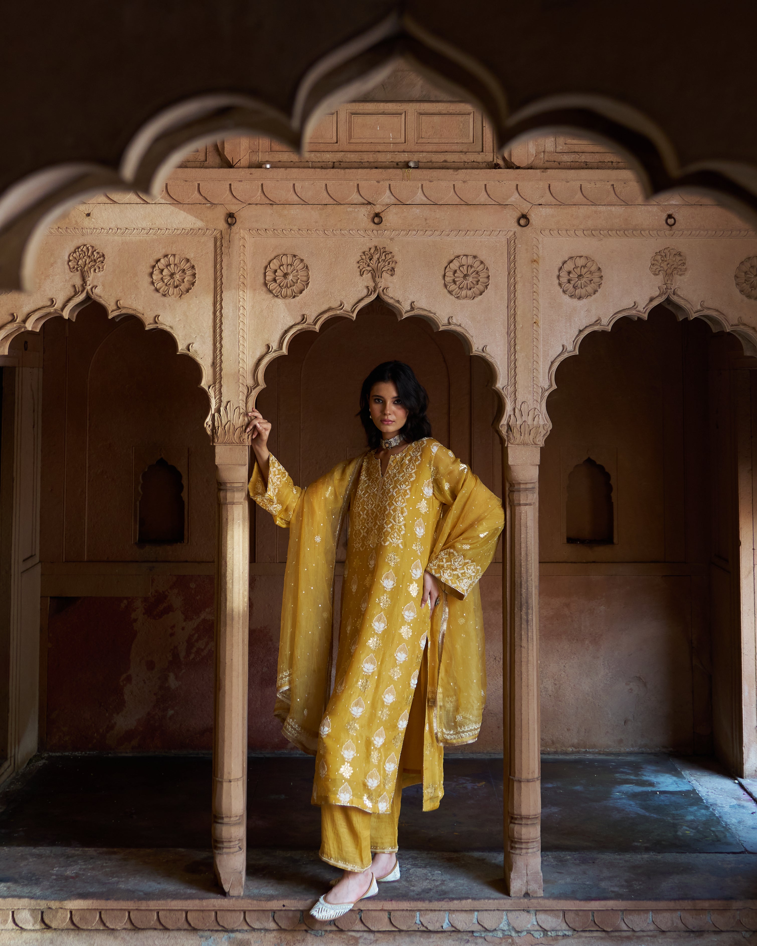 Yellow Organza Chikankari Kurta Set