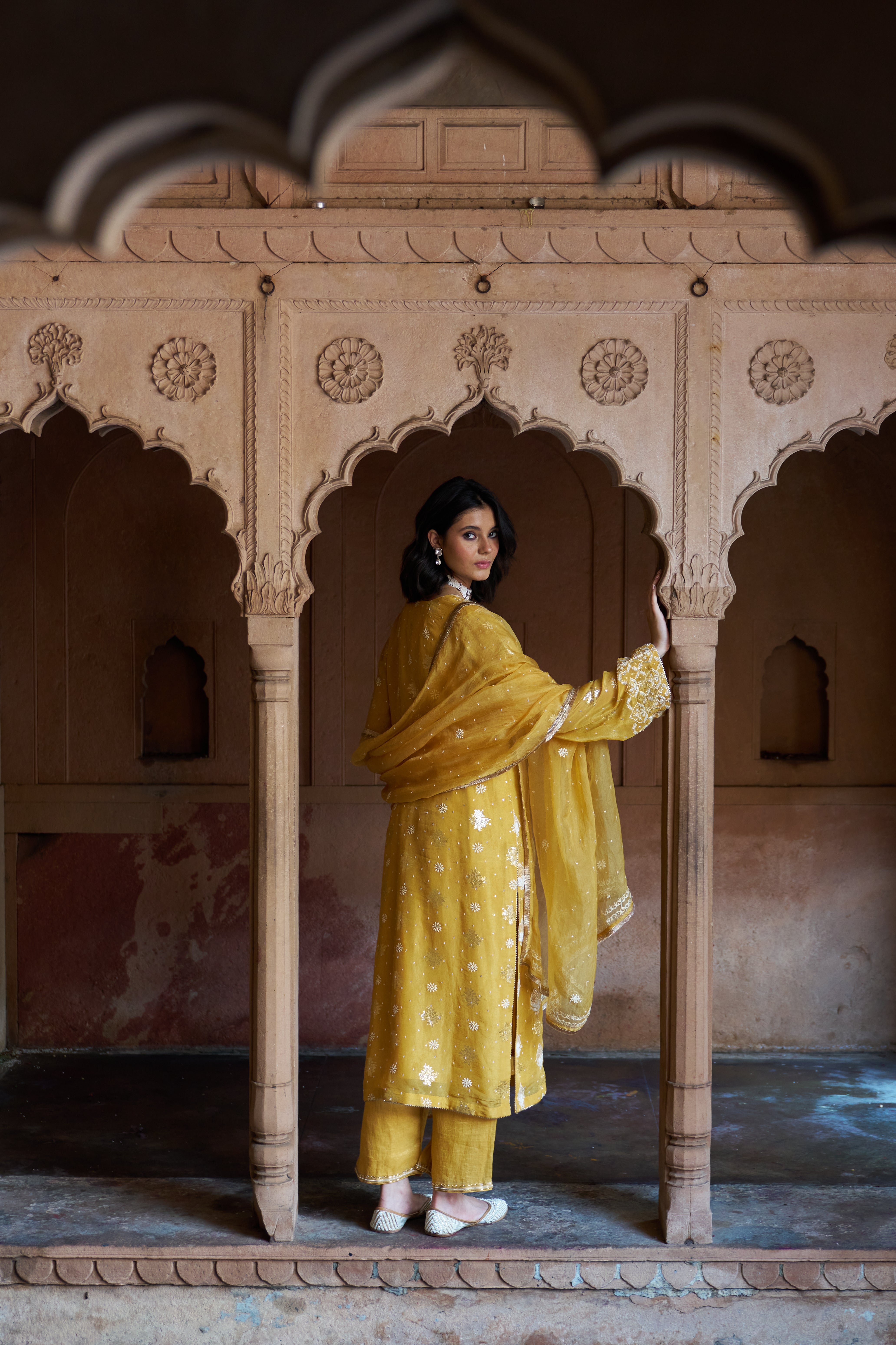 Yellow Organza Chikankari Kurta Set